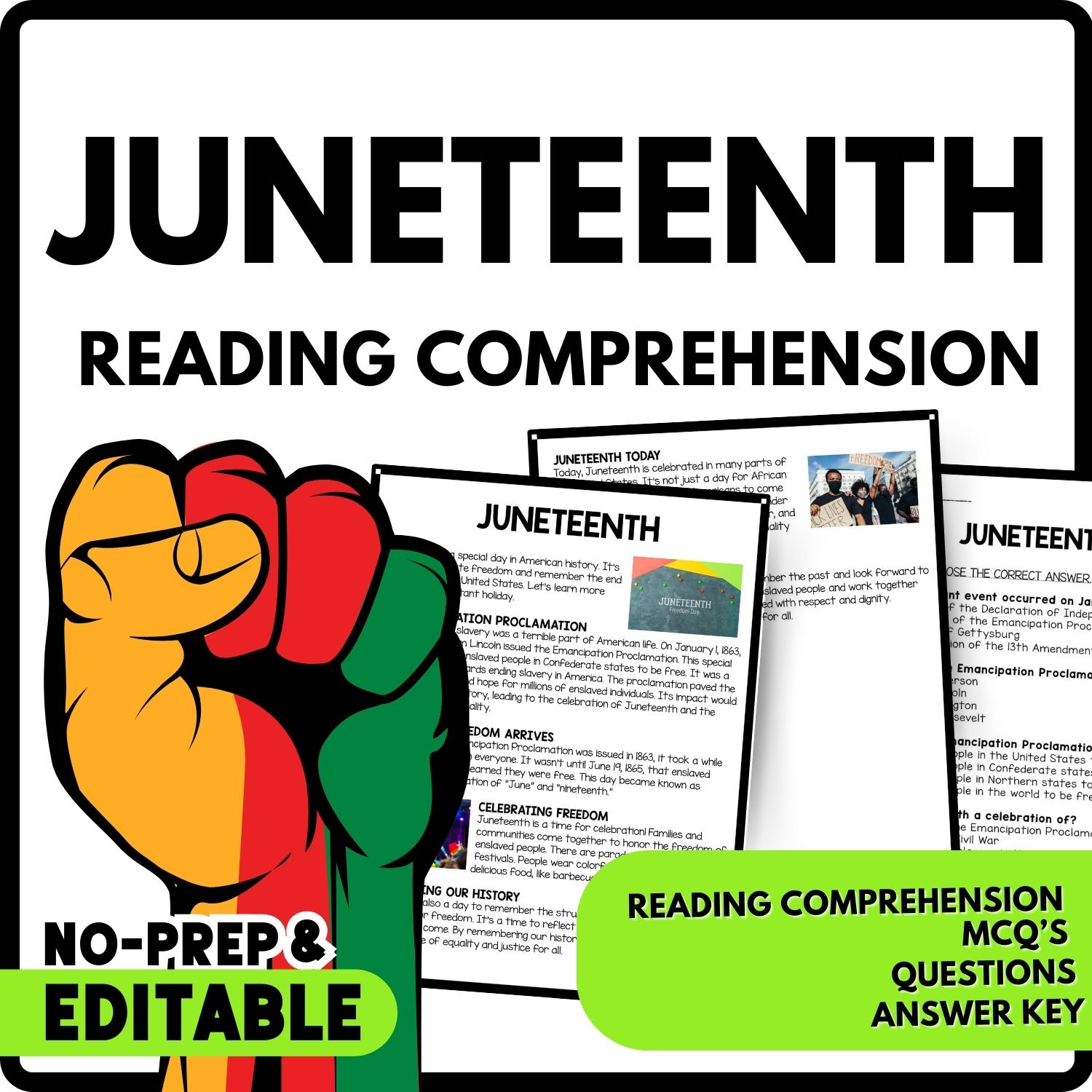 Juneteenth Reading Comprehension Worksheet-Printable and Editable