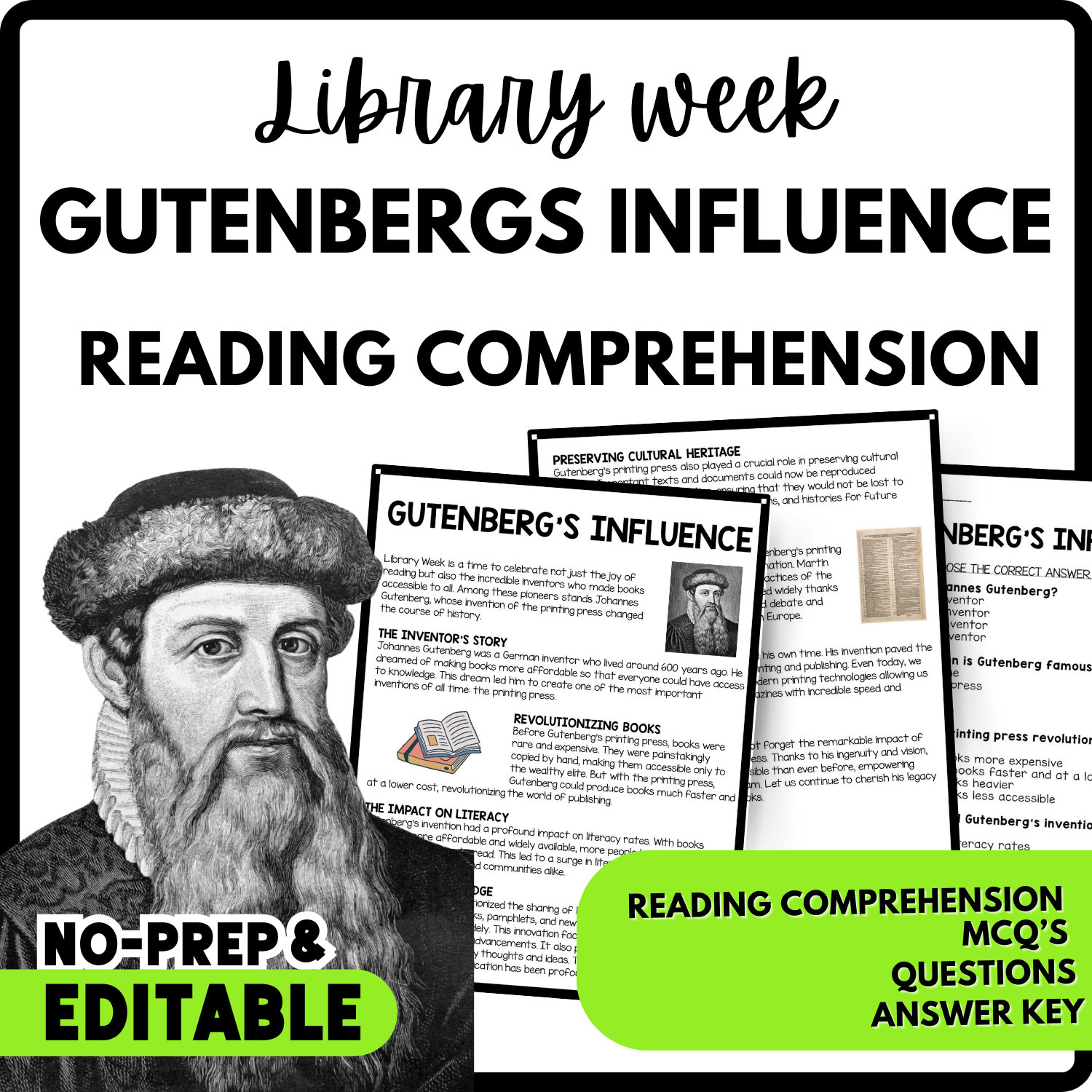 Gutenberg's Influence Reading Comprehension Worksheet-Printable and Editable