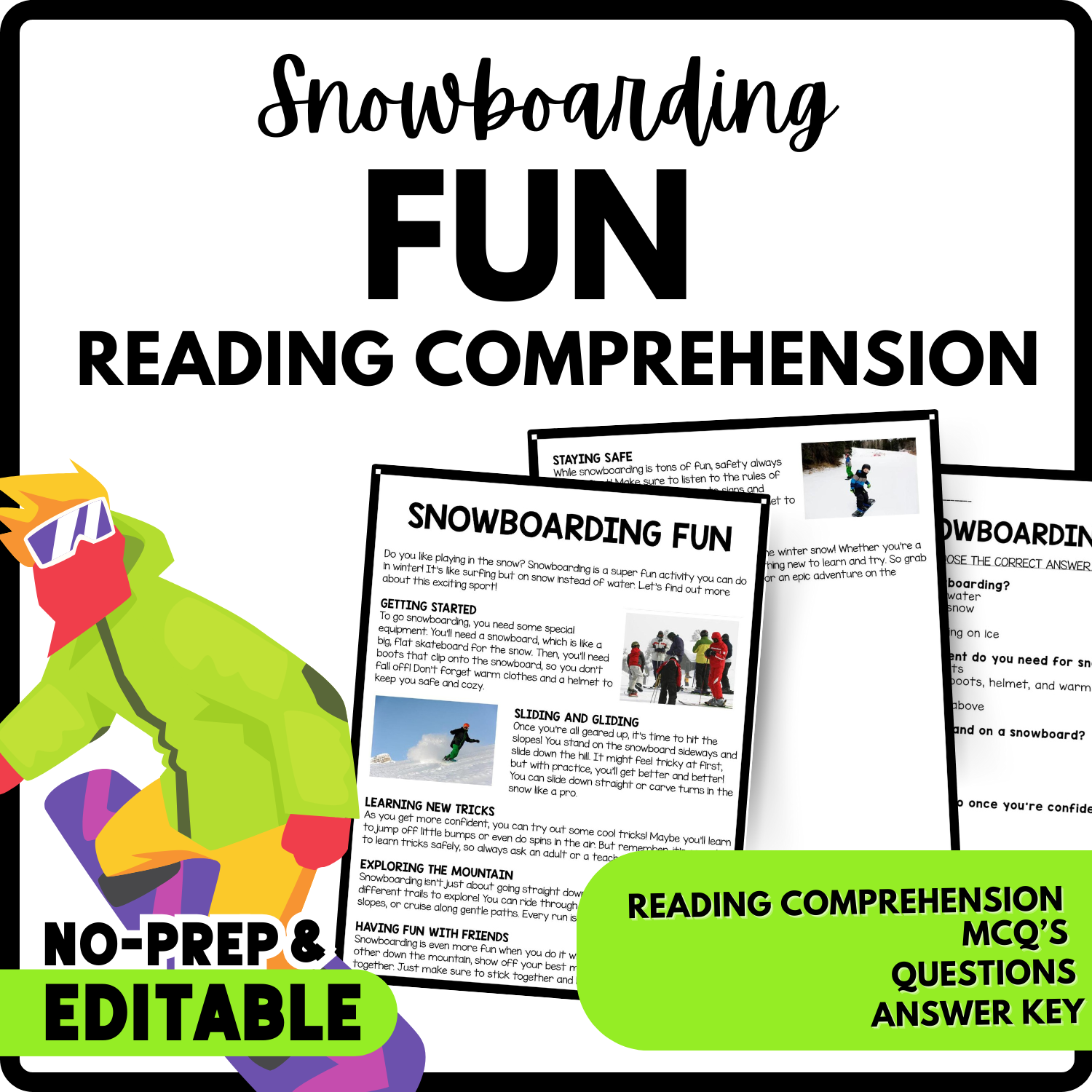 Snowboarding Fun Reading Comprehension Worksheet-Printable and Editable