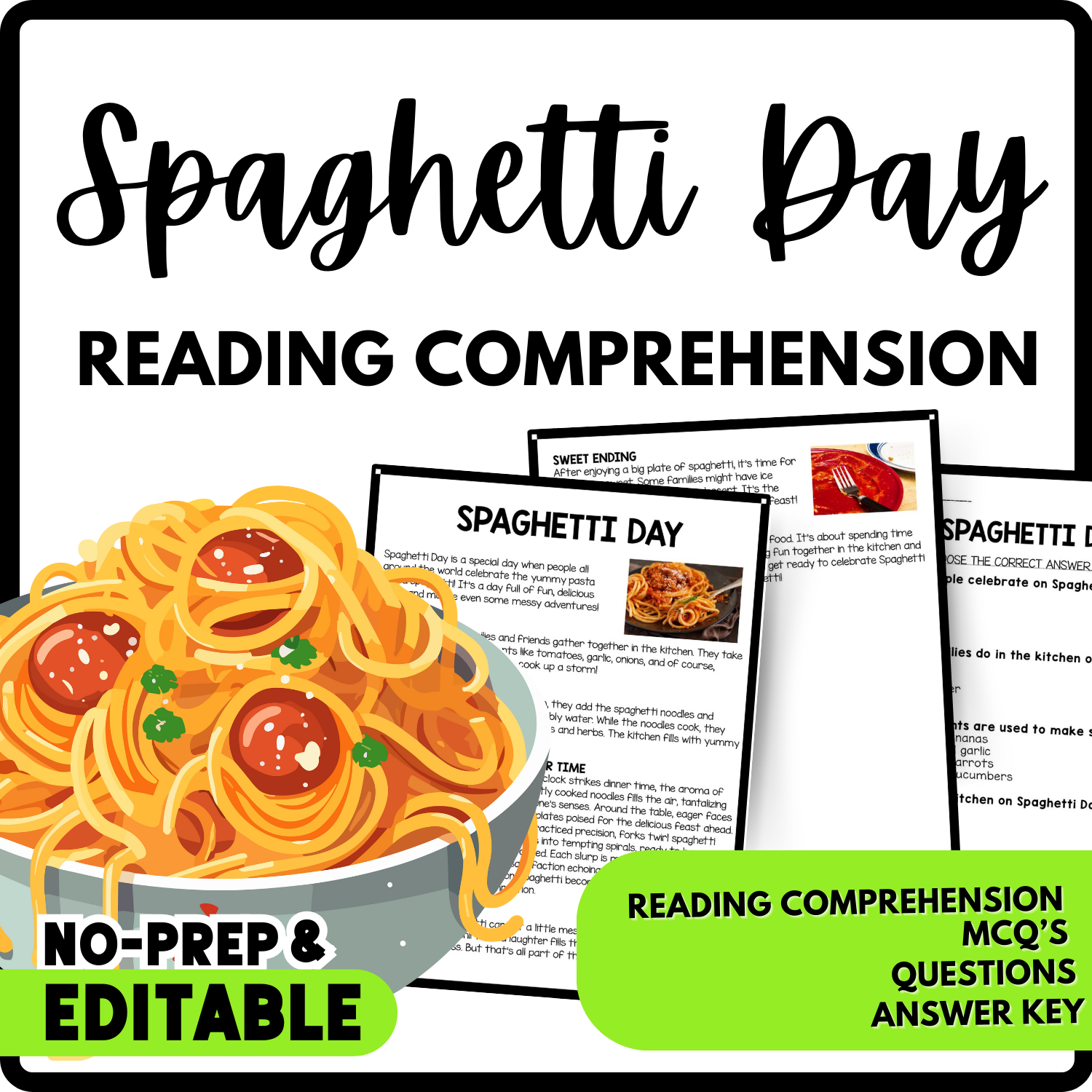 Spaghetti Day Reading Comprehension Worksheet-Printable and Editable