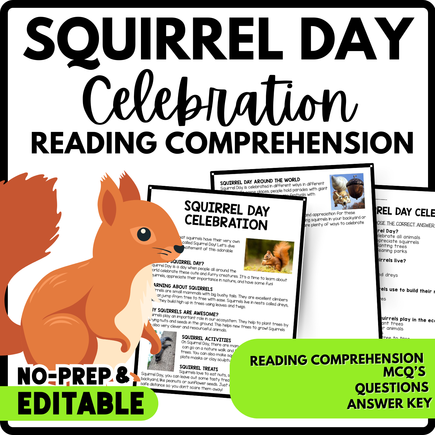 Squirrel Day Celebration Reading Comprehension Worksheet-Printable and Editable