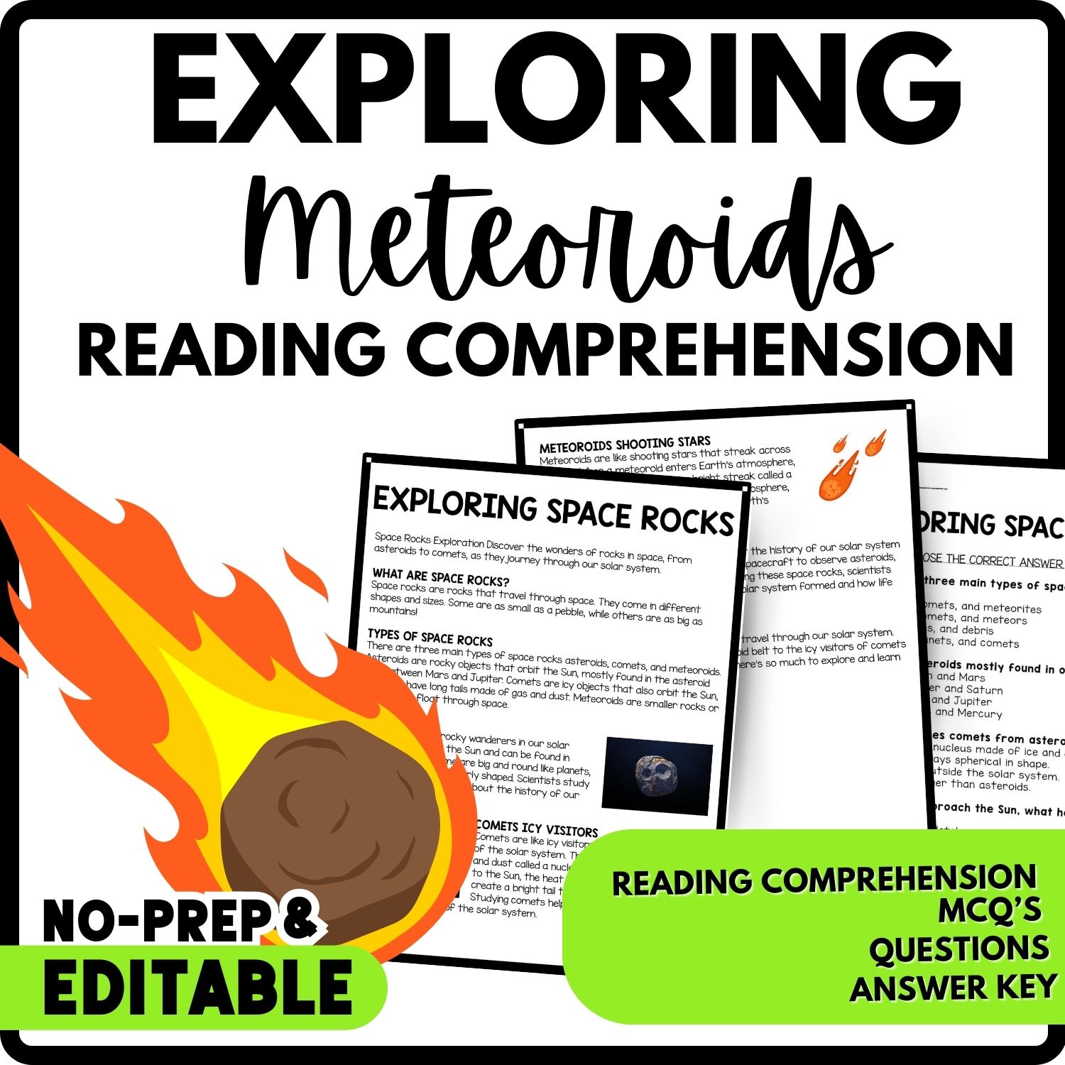 Exploring Space Rocks Reading Comprehension Worksheet-Printable and Editable