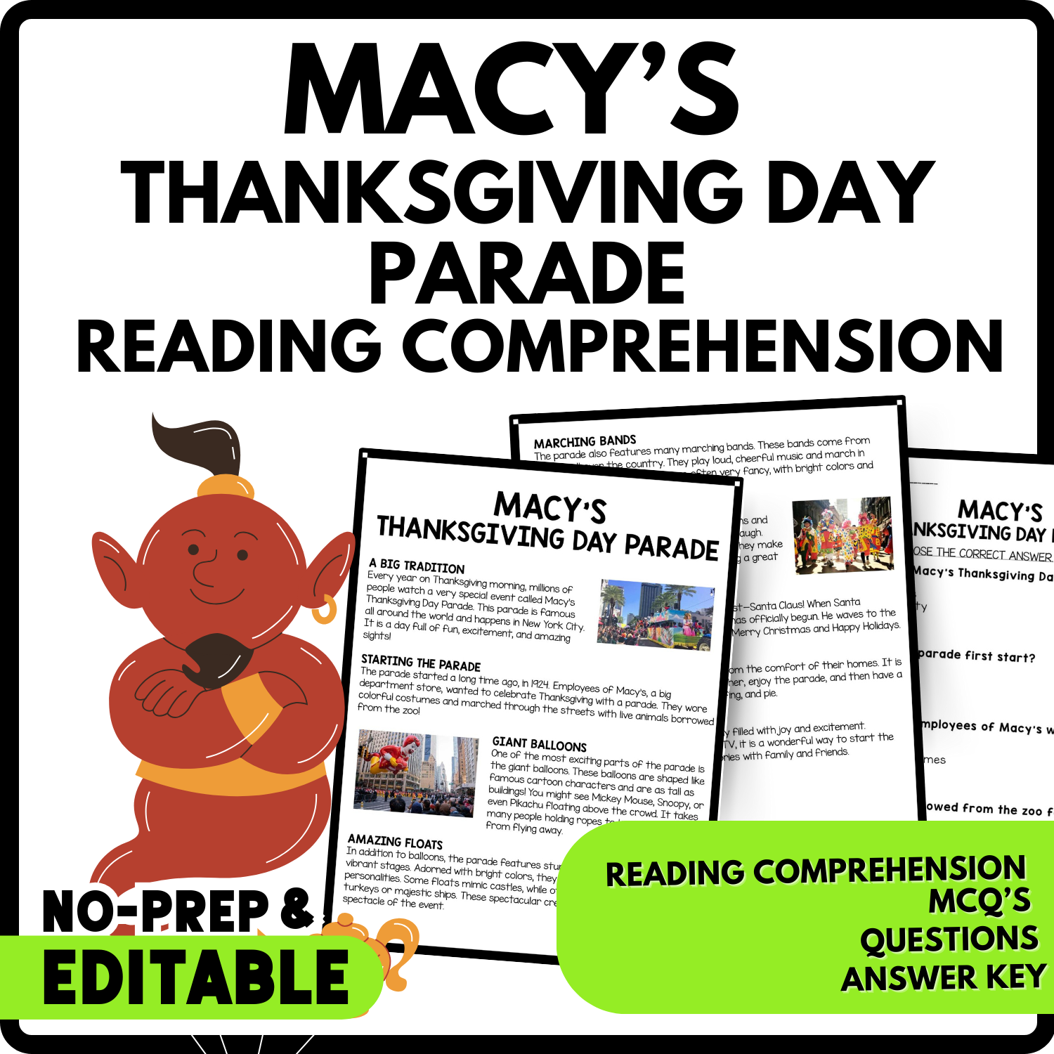 Macy's Thanksgiving Day Parade Reading Comprehension Worksheet-Printable and Editable