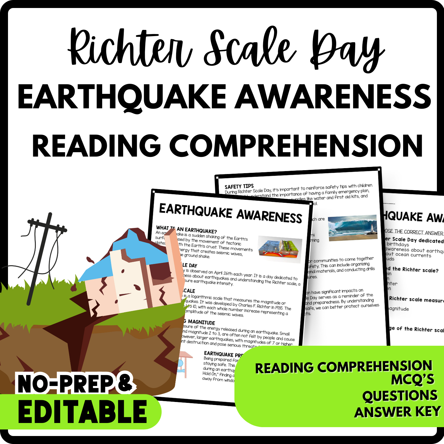 Earthquake Awareness Reading Comprehension Worksheet-Printable and Editable