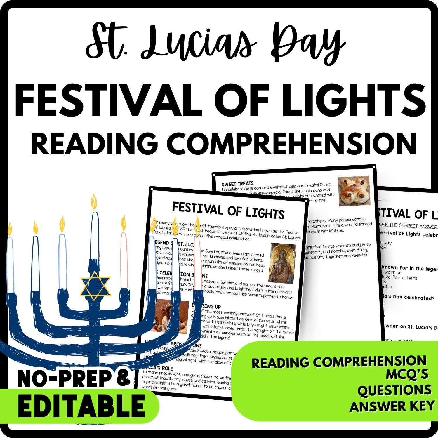 Festival of Lights Reading Comprehension Worksheet-Printable and Editable