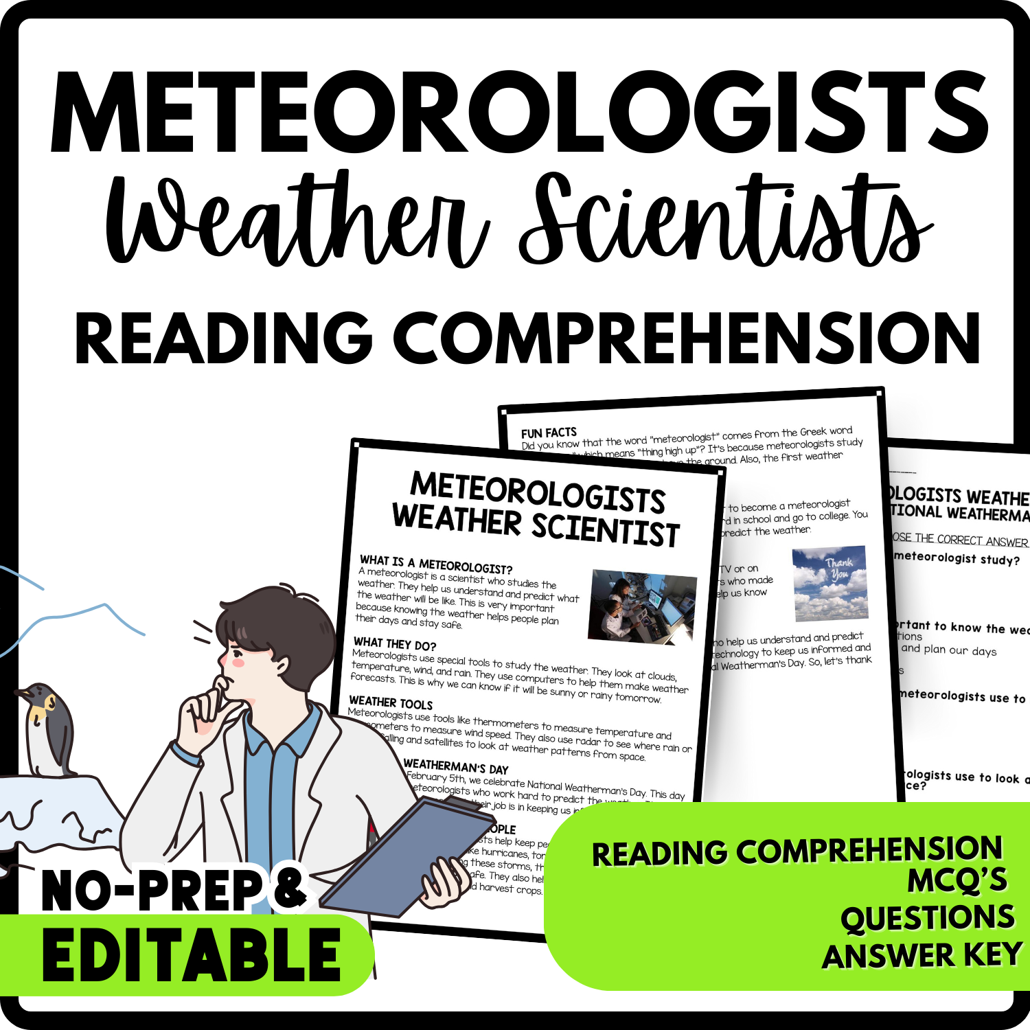 Meteorologists Weather Scientists Reading Comprehension Worksheet-Printable and Editable