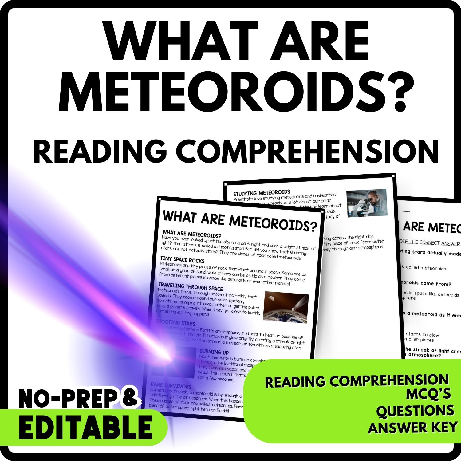 What Are Meteoroids? Reading Comprehension Worksheet-Printable and Editable