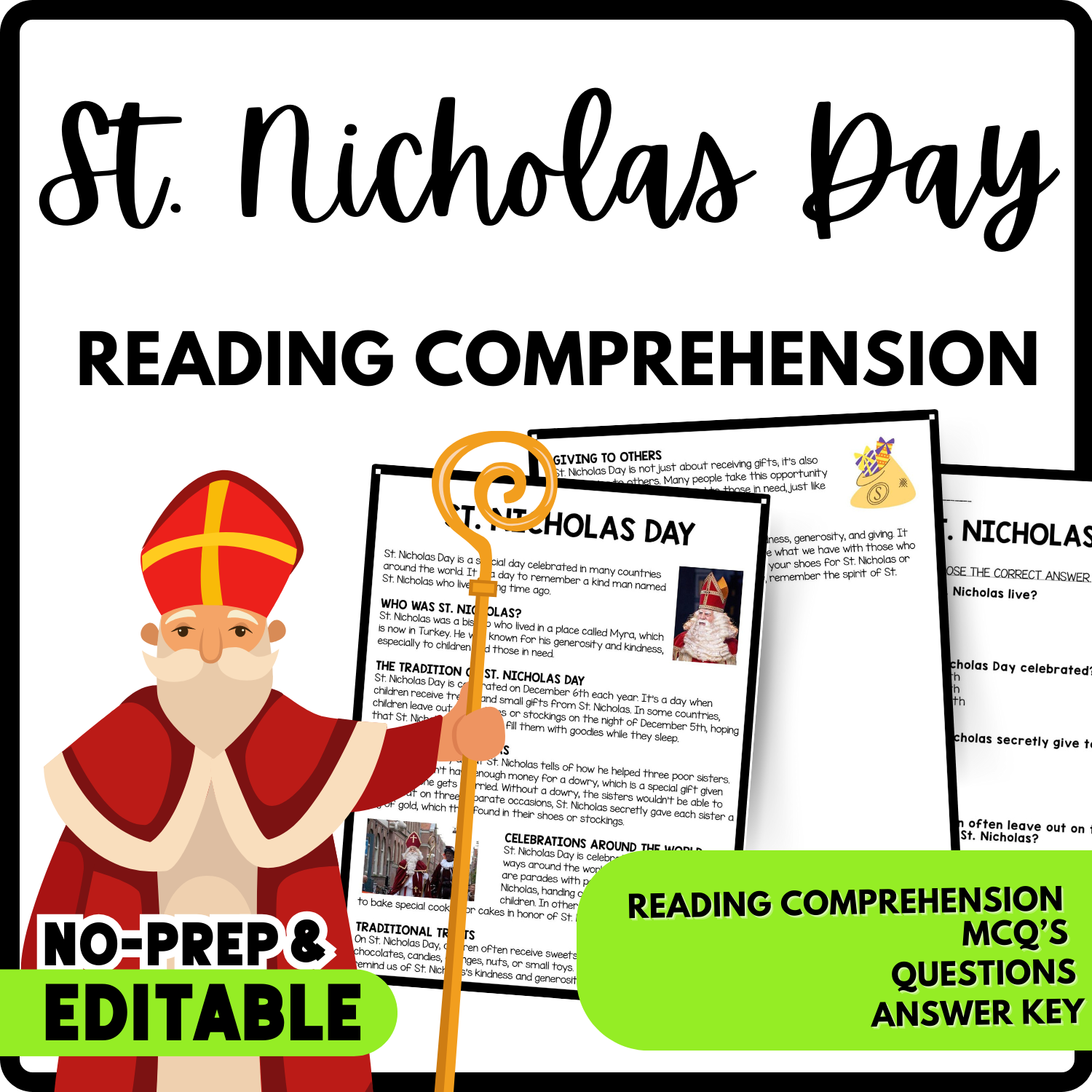 ST. NICHOLAS Reading Comprehension Worksheet-Printable and Editable