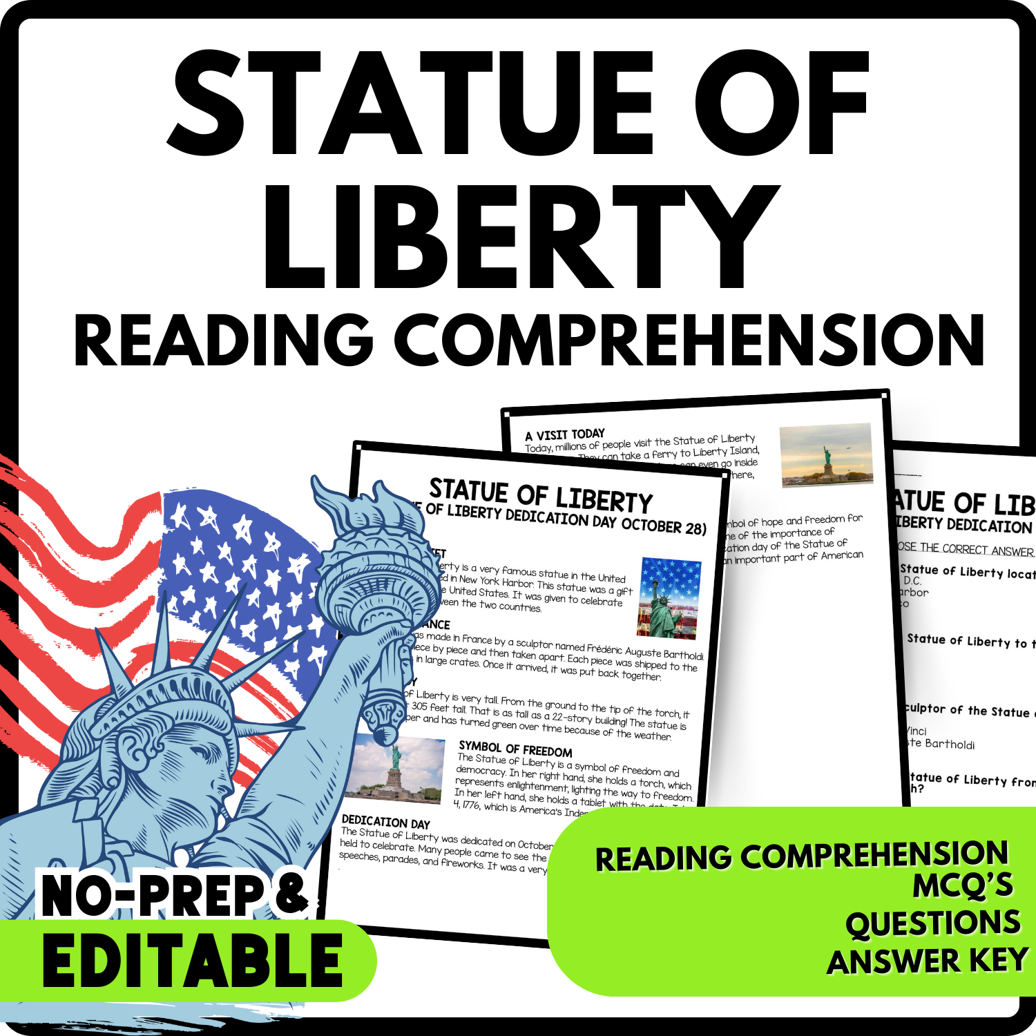 Statue of Liberty Reading Comprehension Worksheet-Printable and Editable