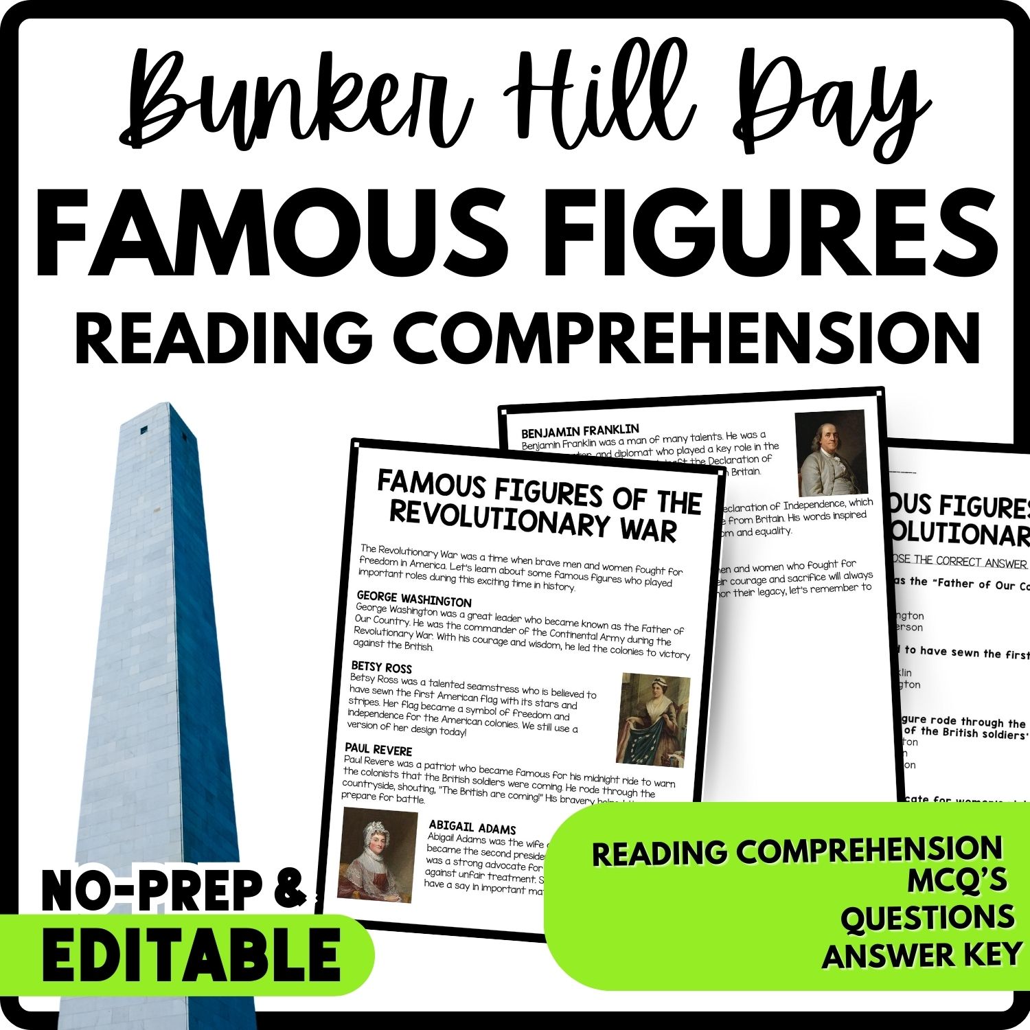 Famous Figures of the Revolutionary War Reading Comprehension Worksheet-Printable and Editable