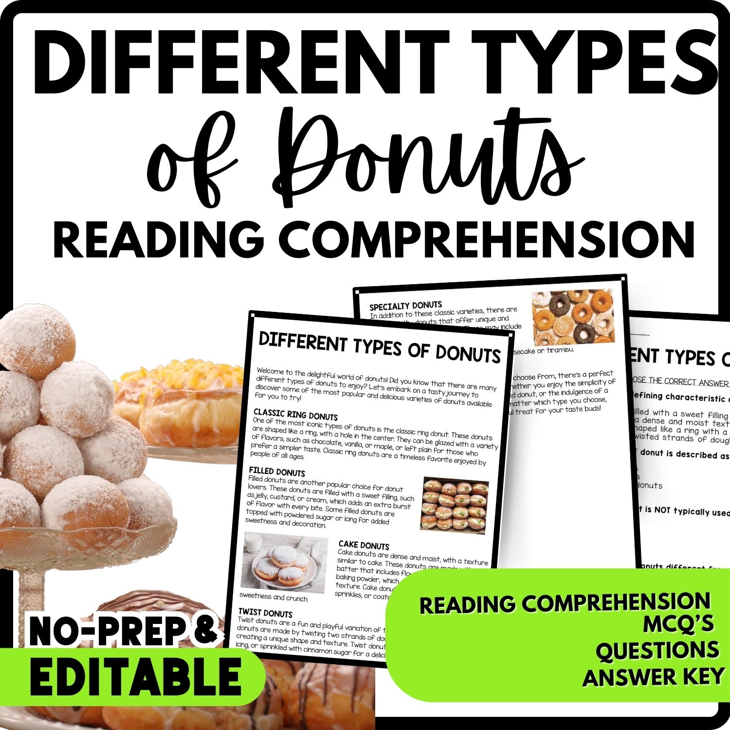 Different Types of Donuts Reading Comprehension Worksheet-Printable and Editable