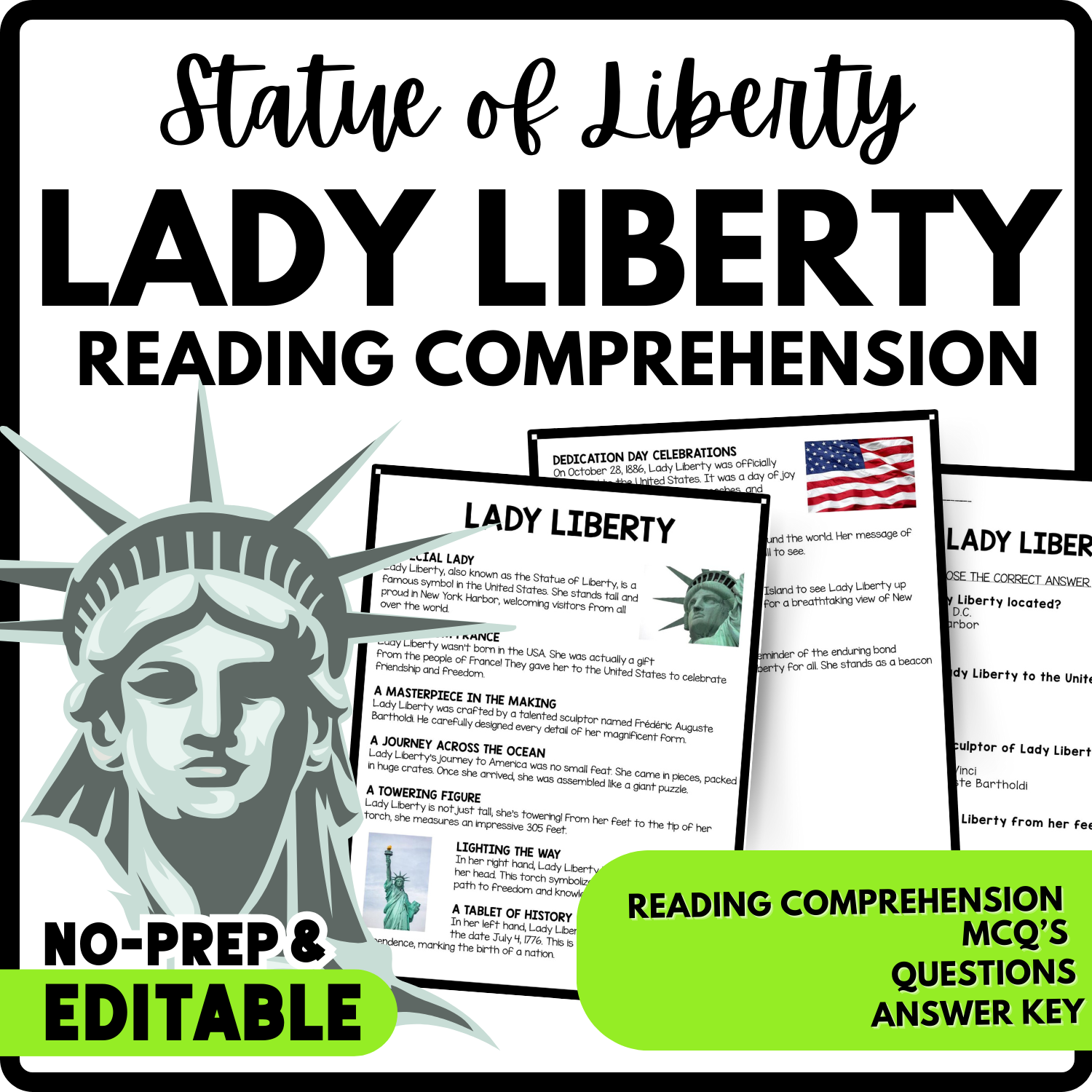 Lady Liberty Reading Comprehension Worksheet-Printable and Editable