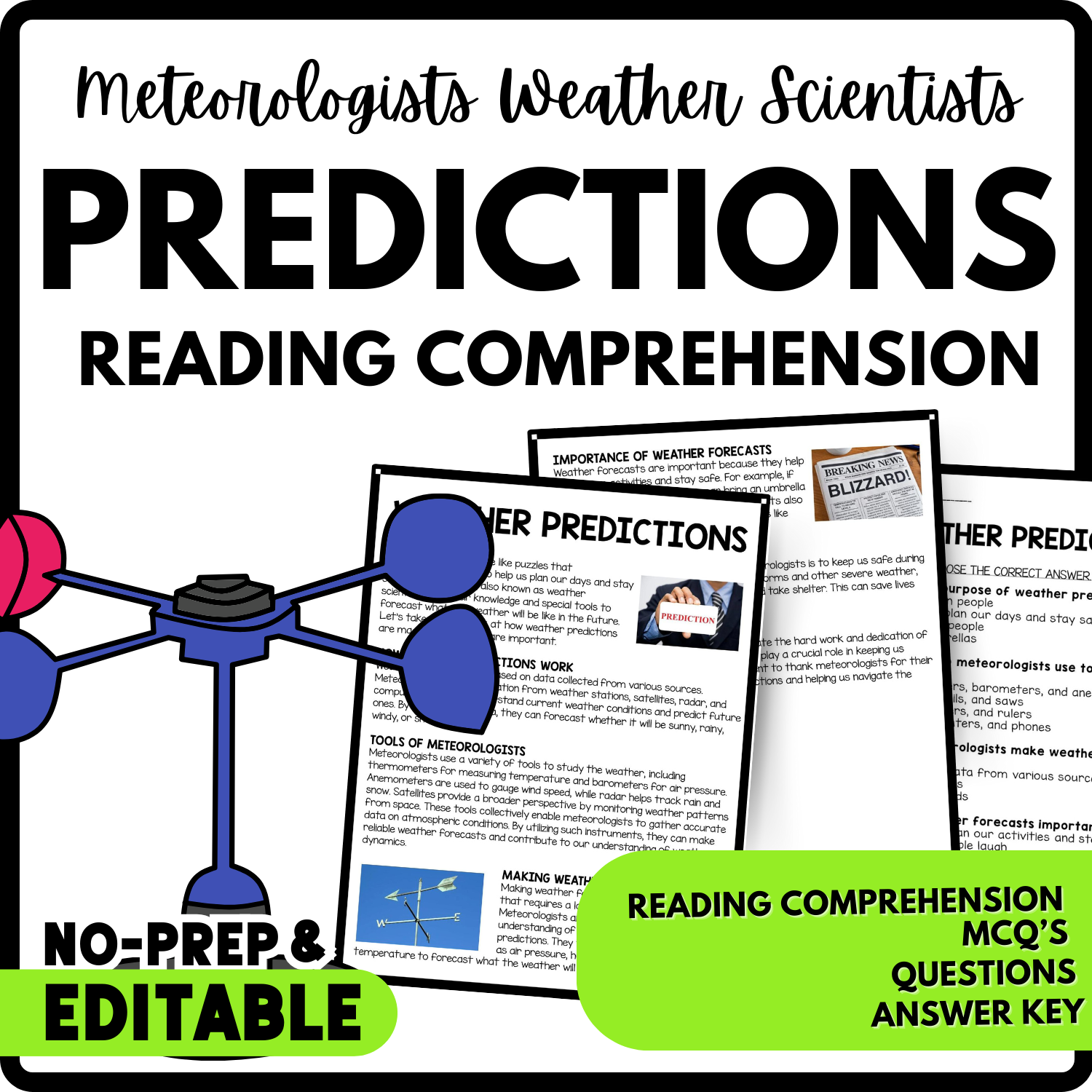 Weather Predictions Reading Comprehension Worksheet-Printable and Editable