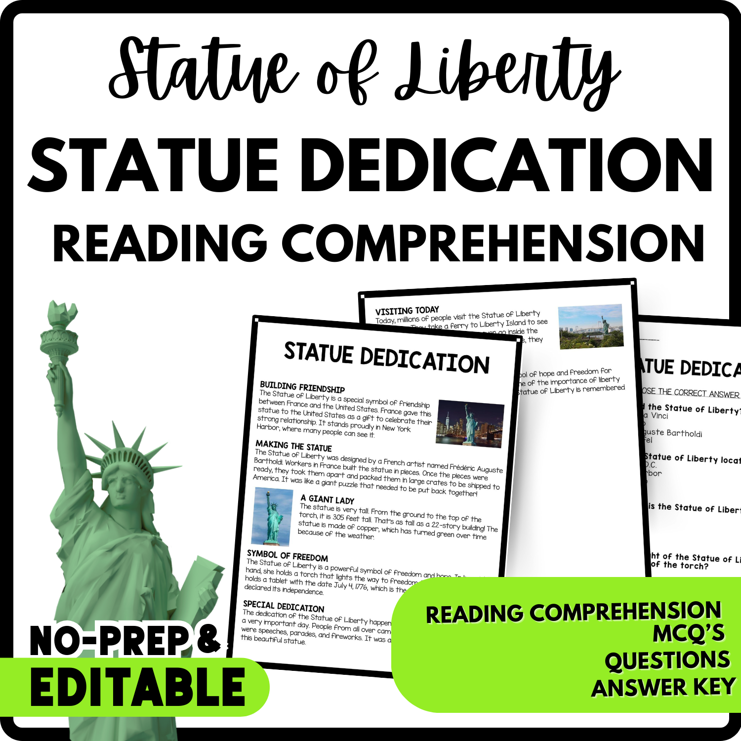 Statue Dedication Reading Comprehension Worksheet-Printable and Editable