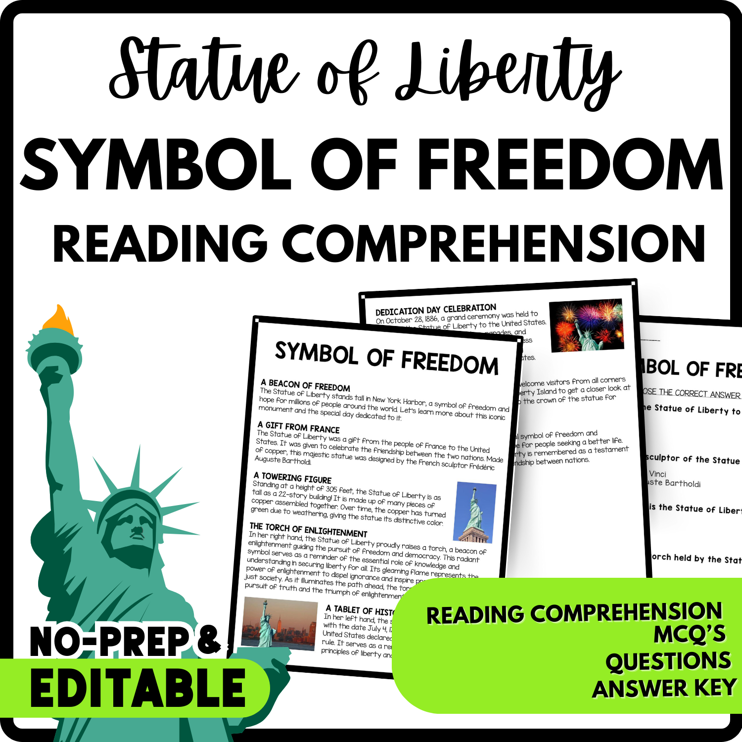 Symbol of Freedom Reading Comprehension Worksheet-Printable and Editable