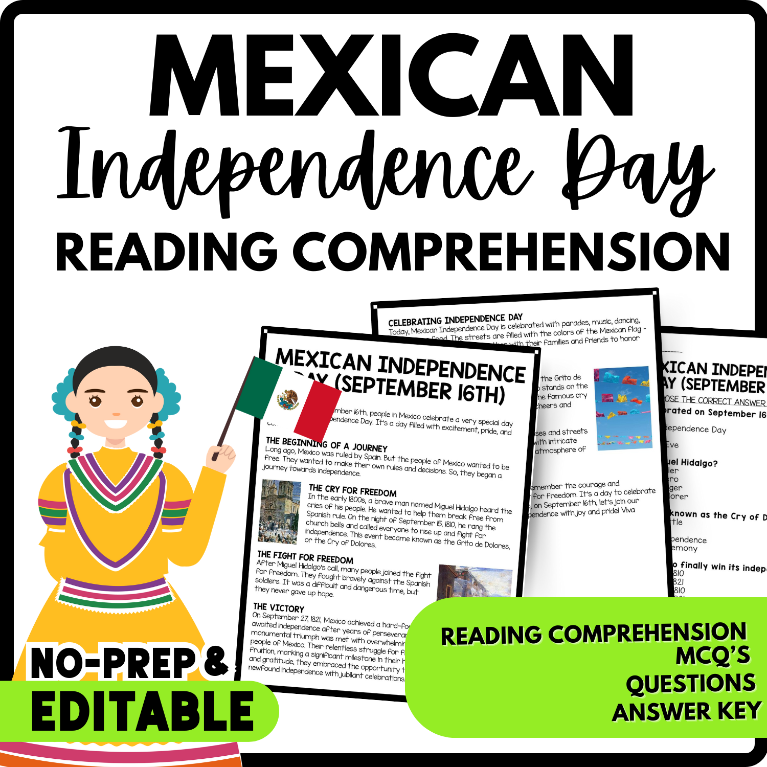 Mexican Independence Day Reading Comprehension Worksheet-Printable and Editable