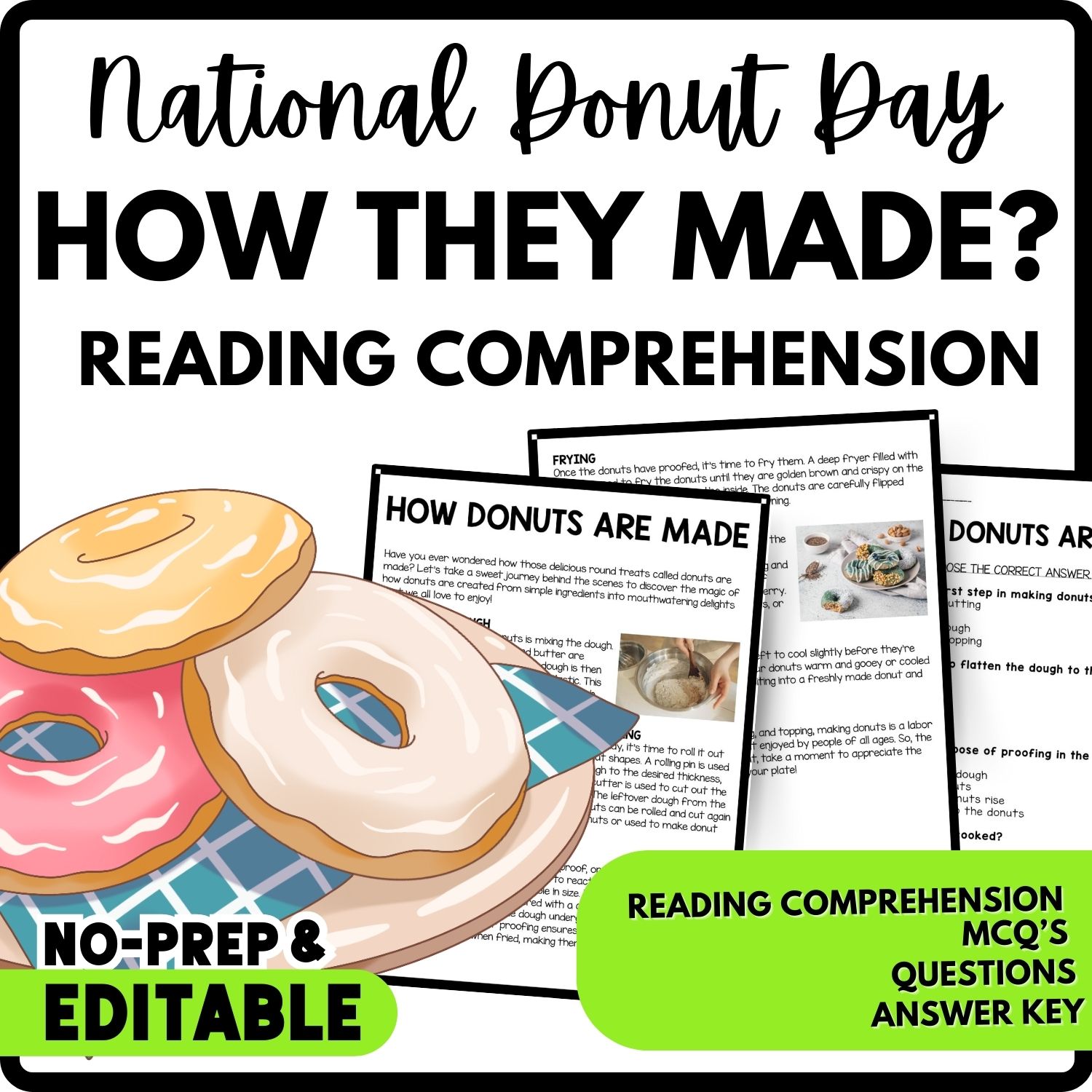 How Donuts Are Made Reading Comprehension Worksheet-Printable and Editable