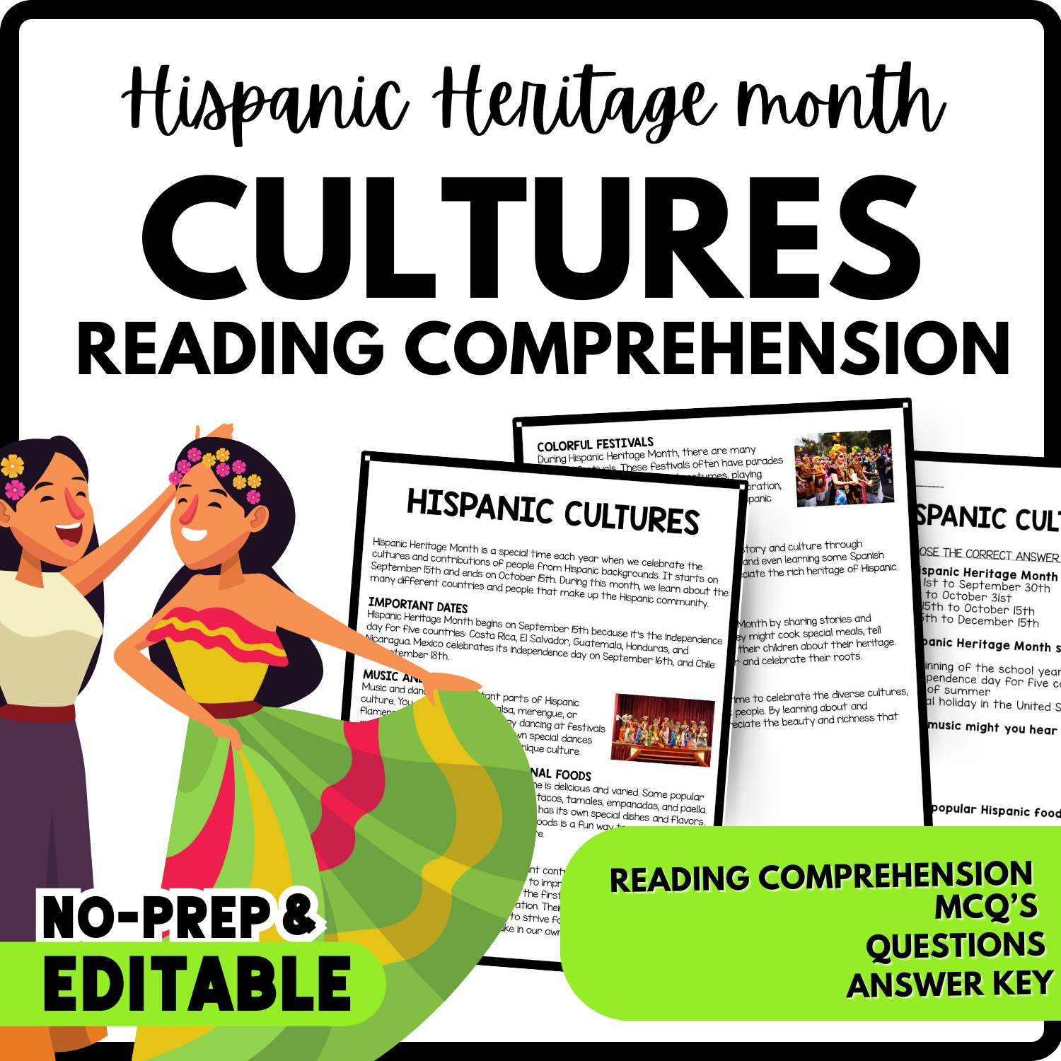 Women's History Month Hispanic Cultures Reading Comprehension Worksheet-Printable and Editable