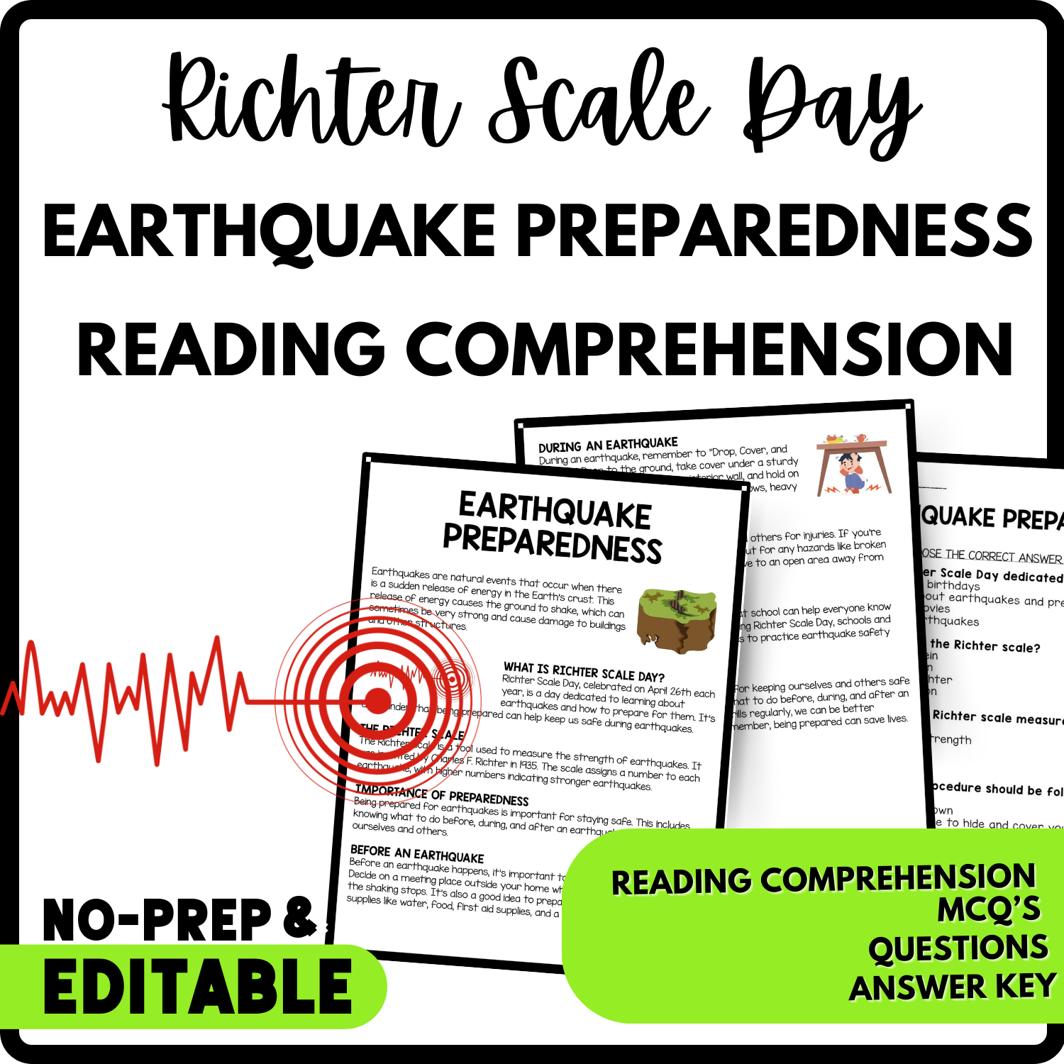 Earthquake Preparedness Reading Comprehension Worksheet-Printable and Editable