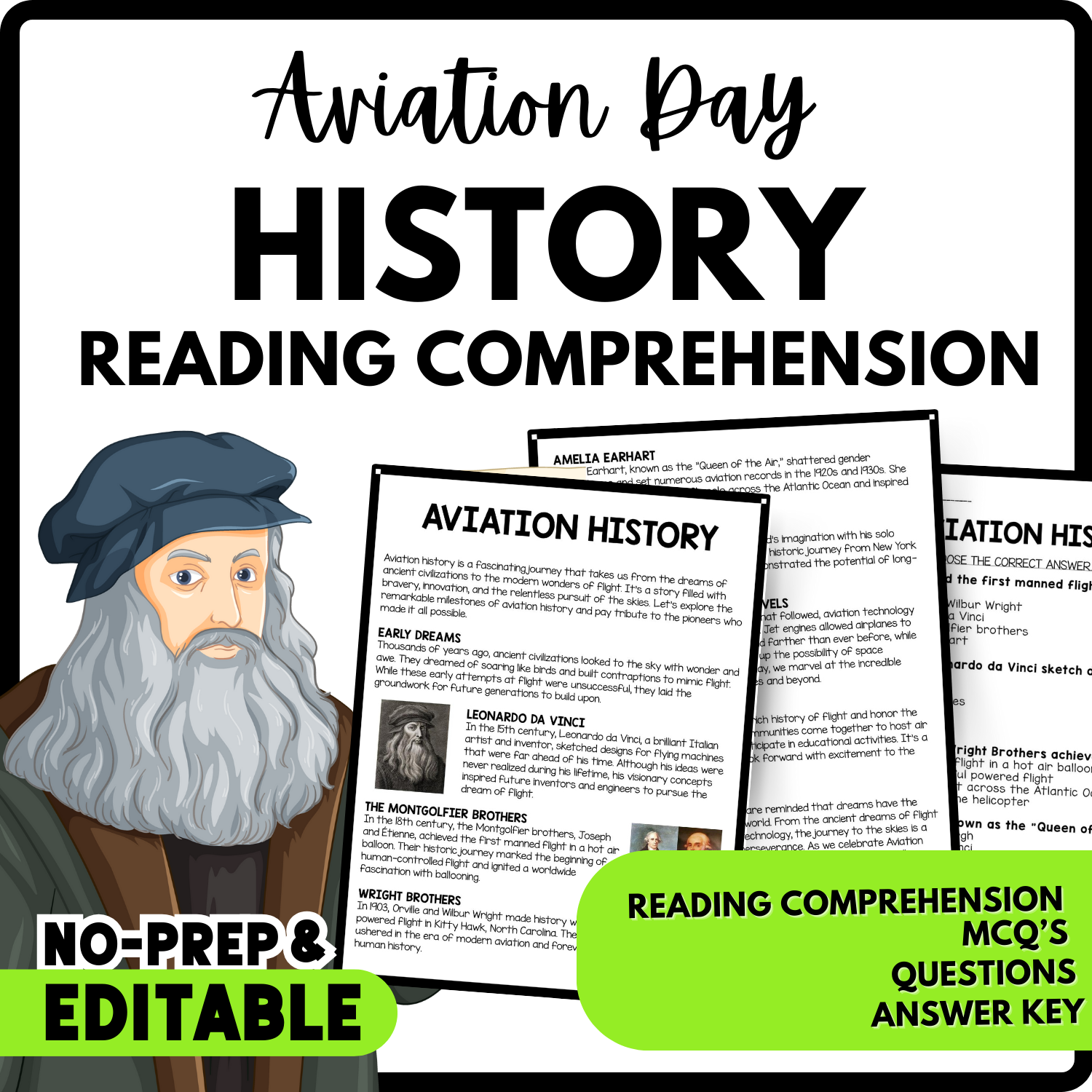 Aviation History Reading Comprehension Worksheet-Printable and Editable