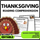 Thanksgiving Reading Comprehension Worksheet-Printable and Editable