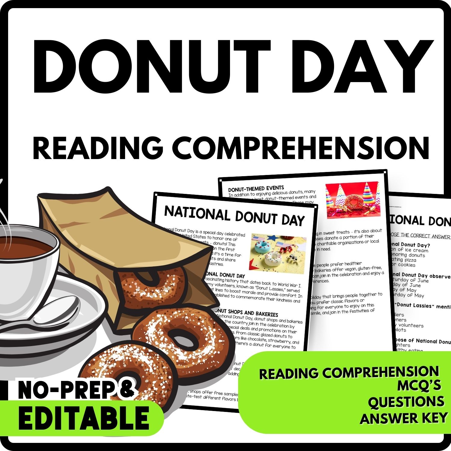 National Donut Day Reading Comprehension Worksheet-Printable and Editable