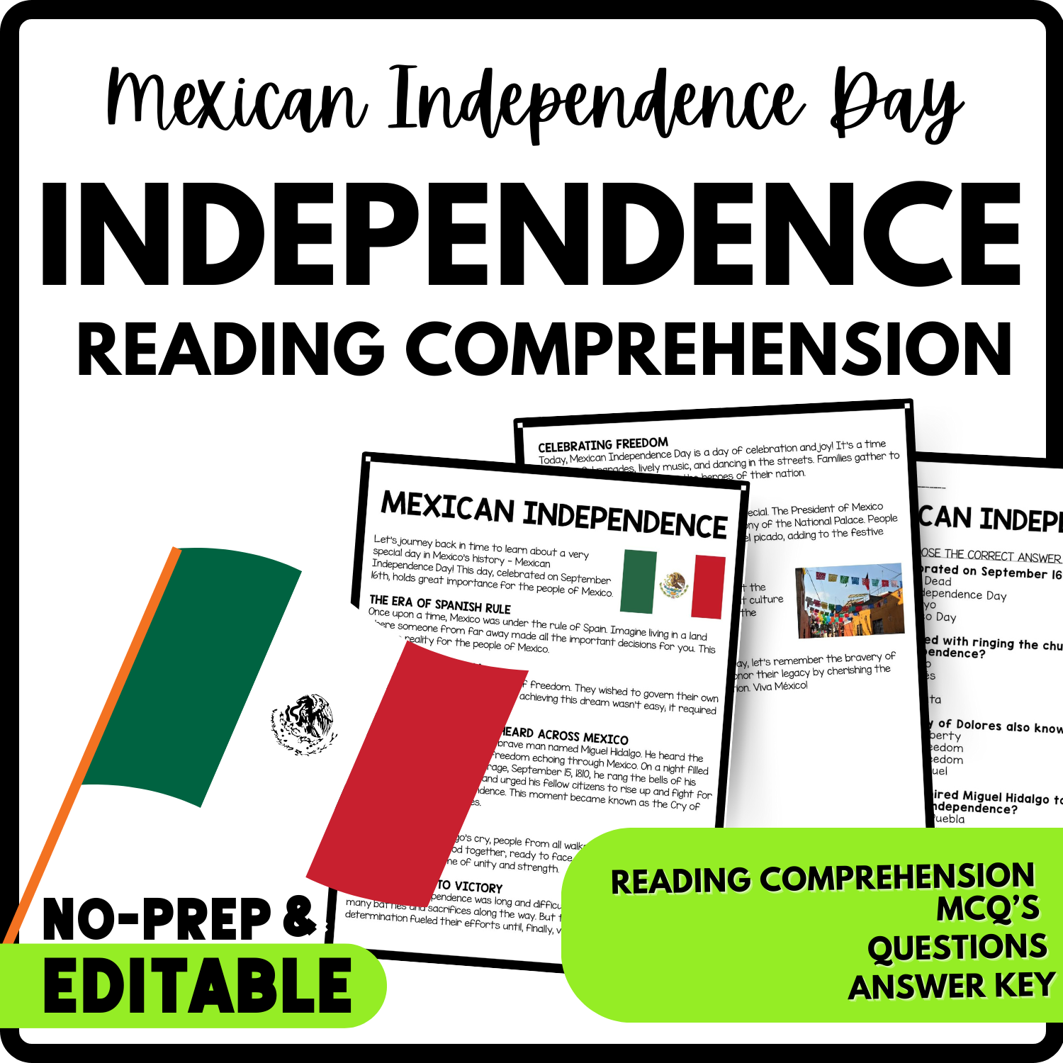 Mexican Independence Reading Comprehension Worksheet-Printable and Editable
