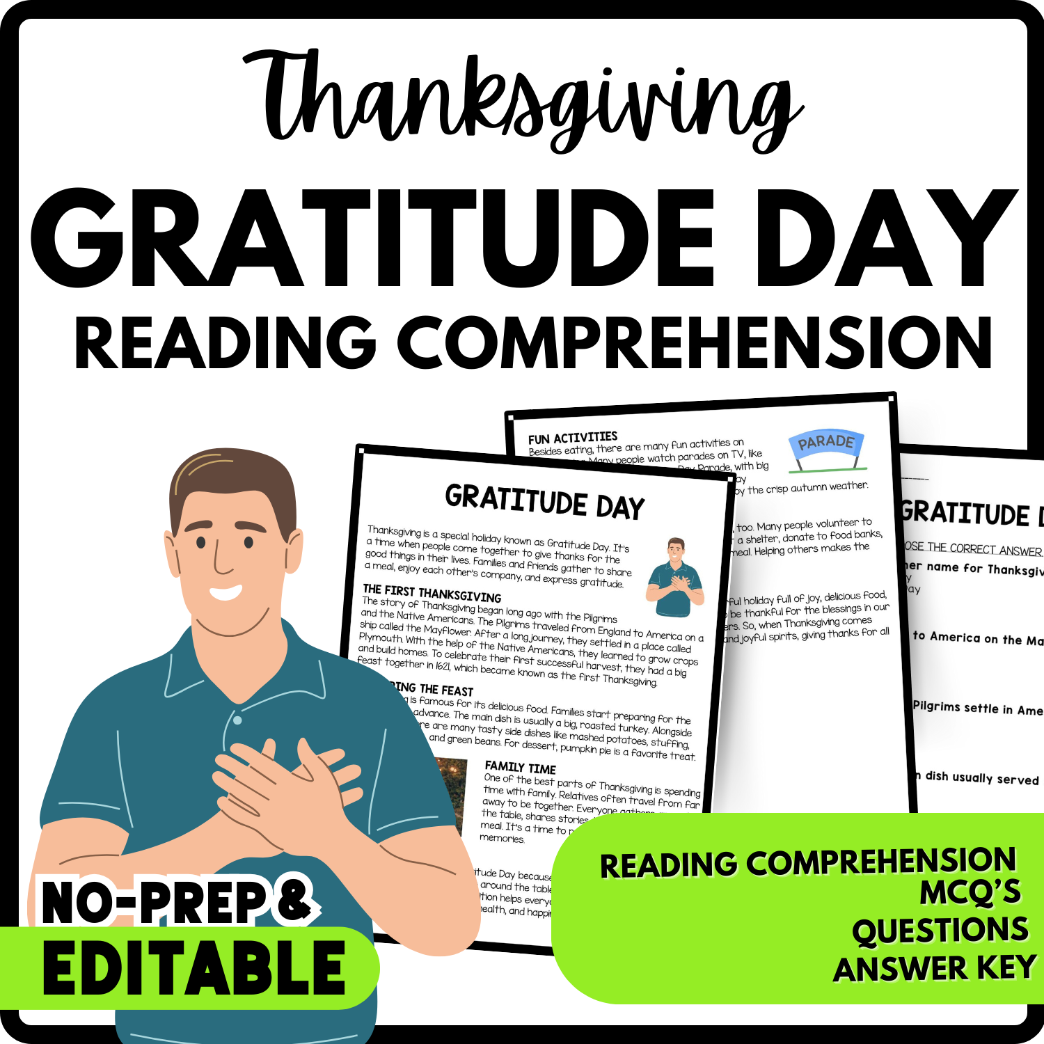 Gratitude Day Reading Comprehension Worksheet-Printable and Editable