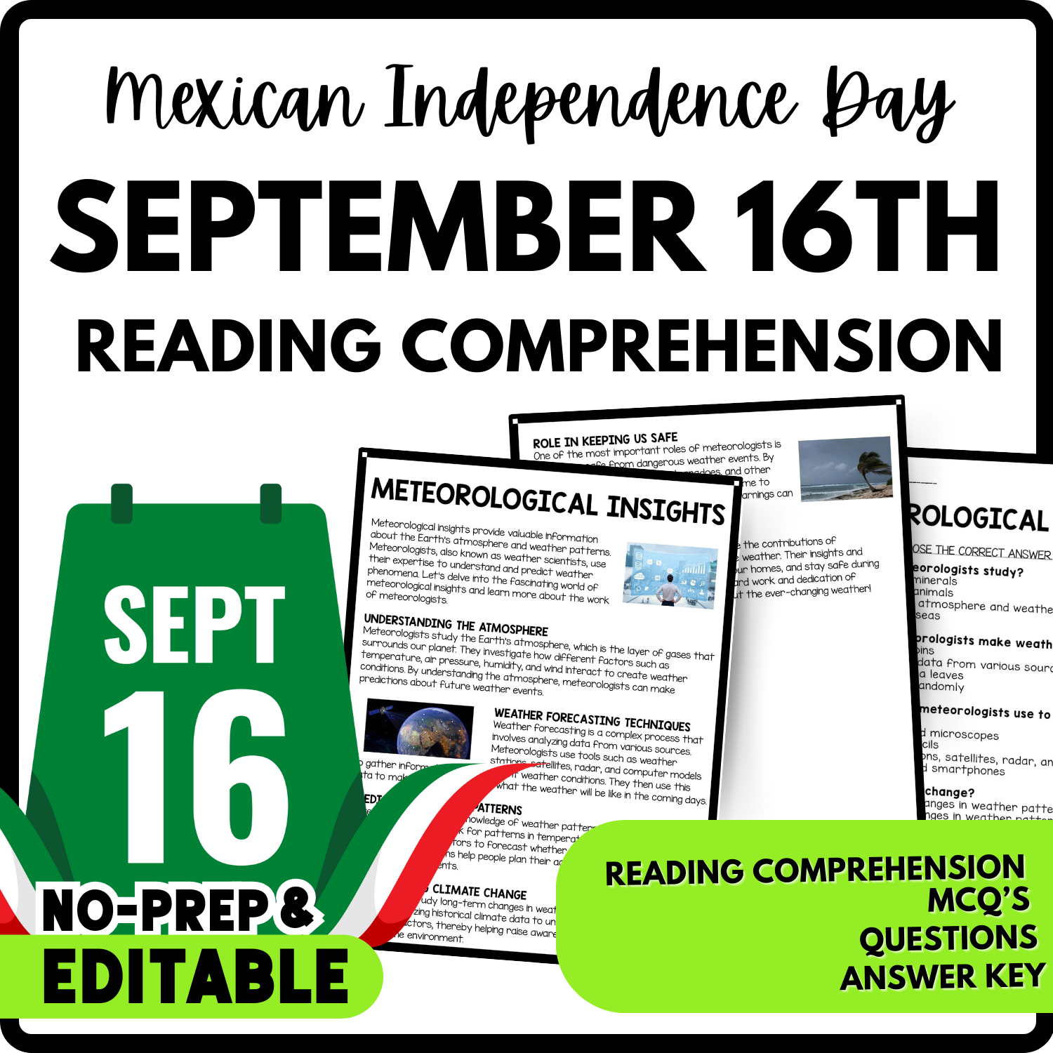 September 16th Reading Comprehension Worksheet-Printable and Editable