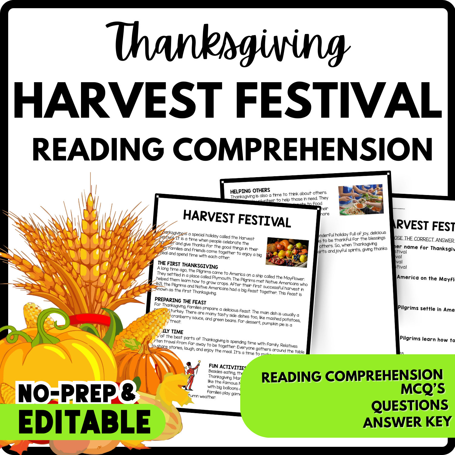 Harvest Festival Reading Comprehension Worksheet-Printable and Editable