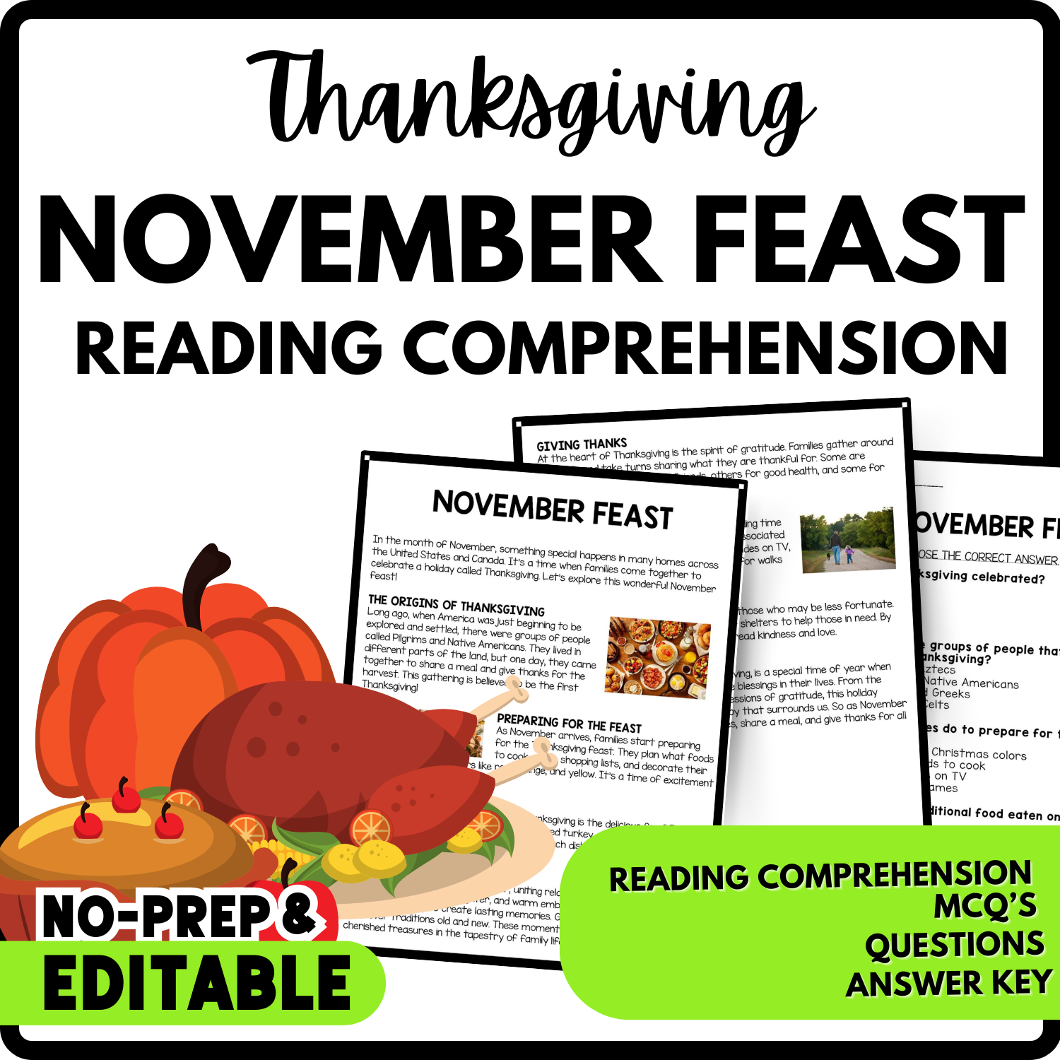 November Feast Reading Comprehension Worksheet-Printable and Editable