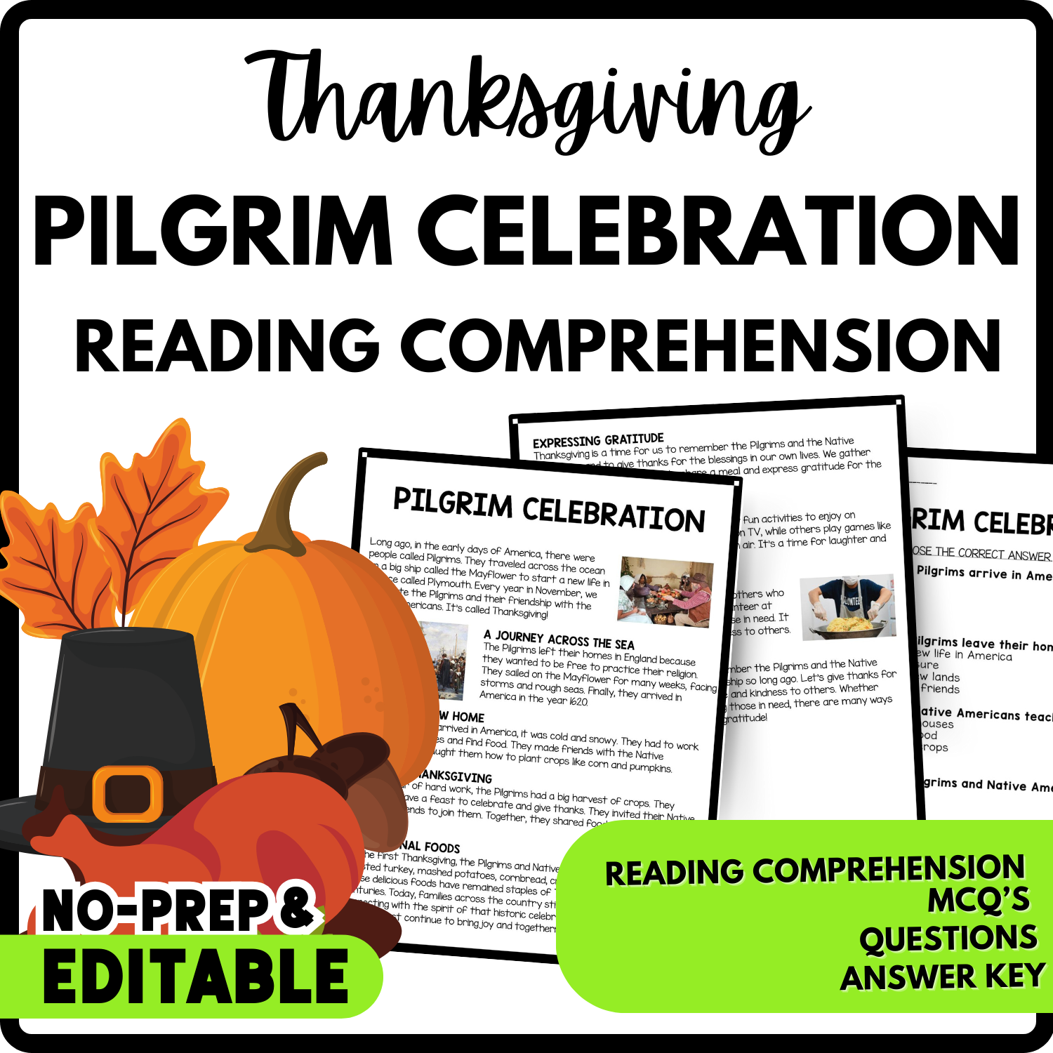 Pilgrim Celebration Reading Comprehension Worksheet-Printable and Editable