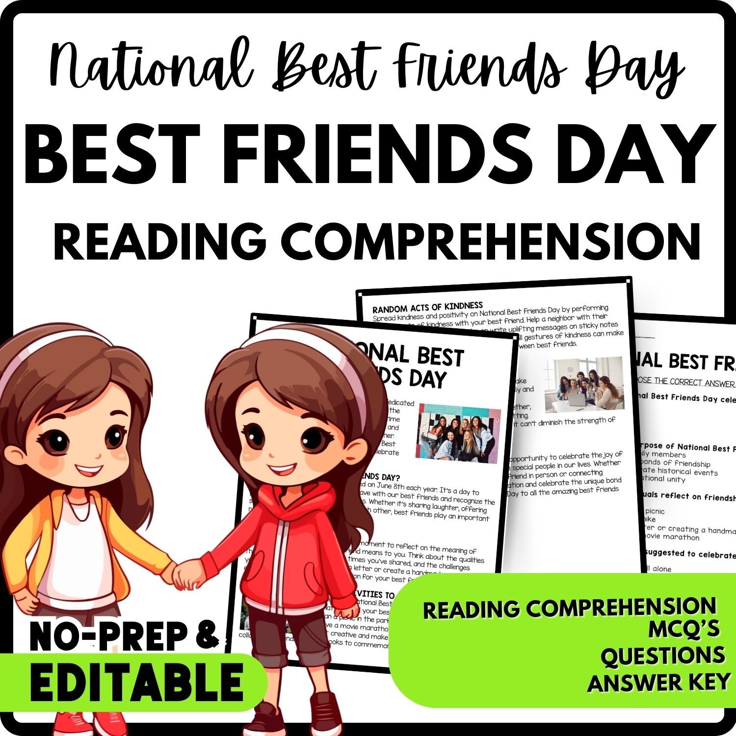 National Best Friends Day Reading Comprehension Worksheet-Printable and Editable