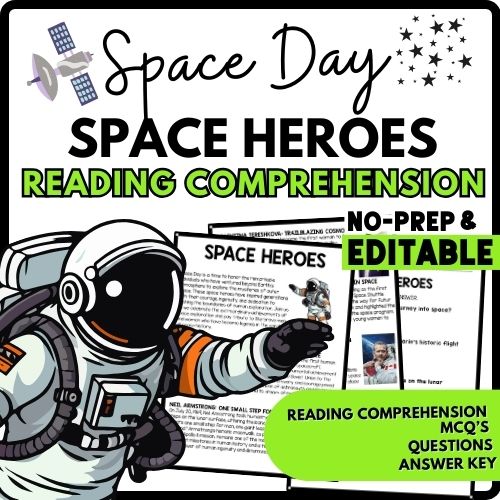 Space Heroes Reading Comprehension Worksheet-Printable and Editable