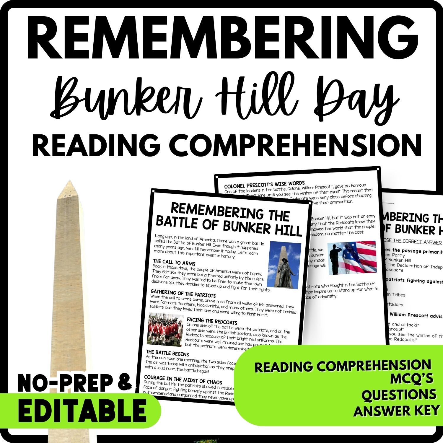 Remembering the Battle of Bunker Hill Reading Comprehension Worksheet-Printable and Editable
