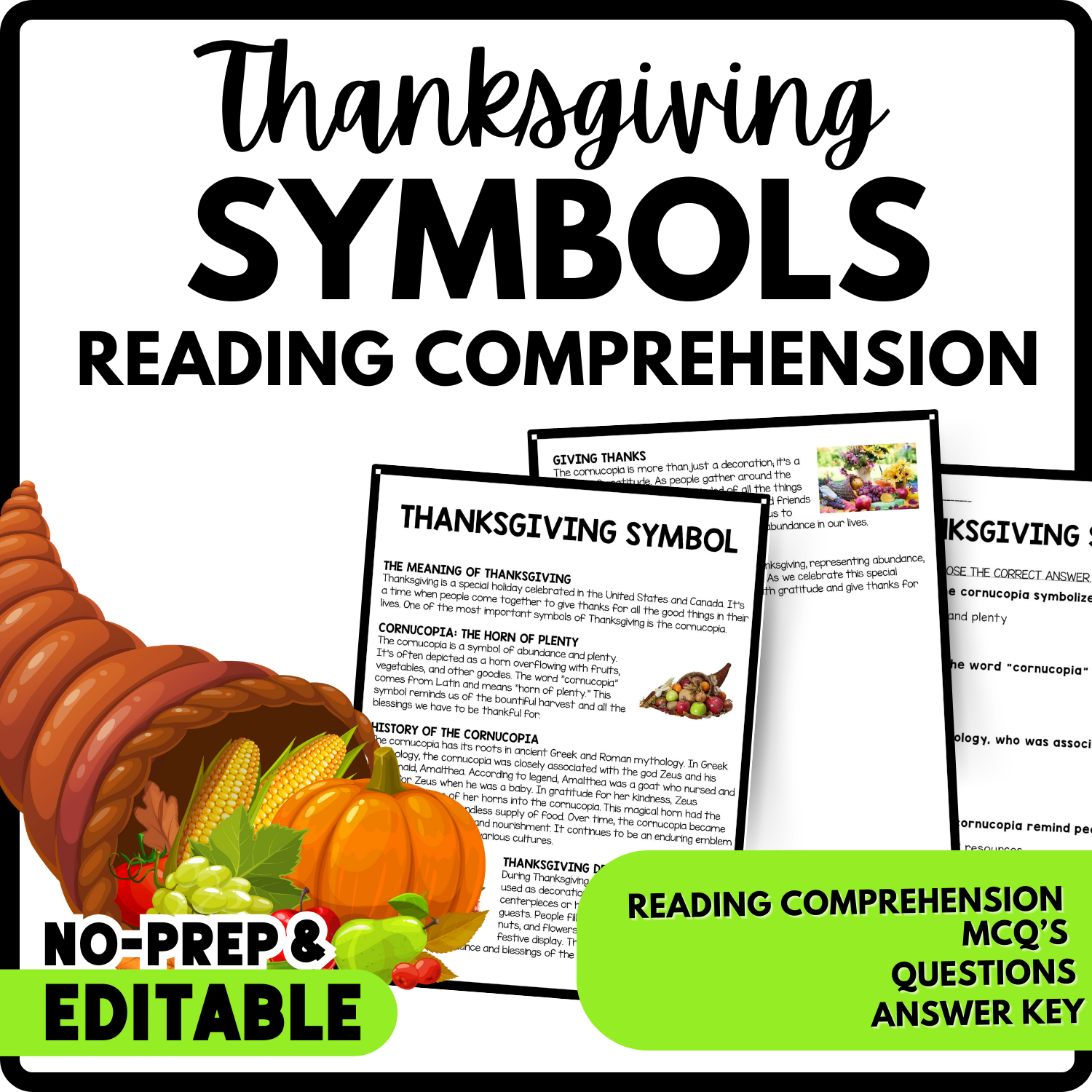 Thanksgiving Symbol Reading Comprehension Worksheet-Printable and Editable