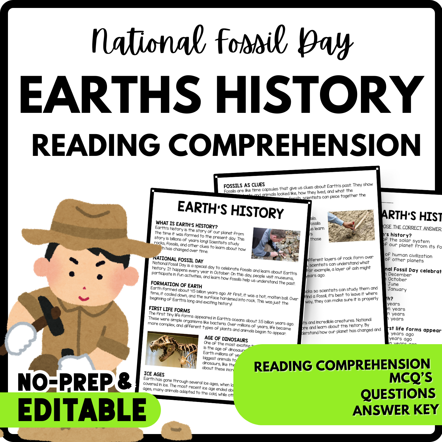 Earths History Reading Comprehension Worksheet-Printable and Editable