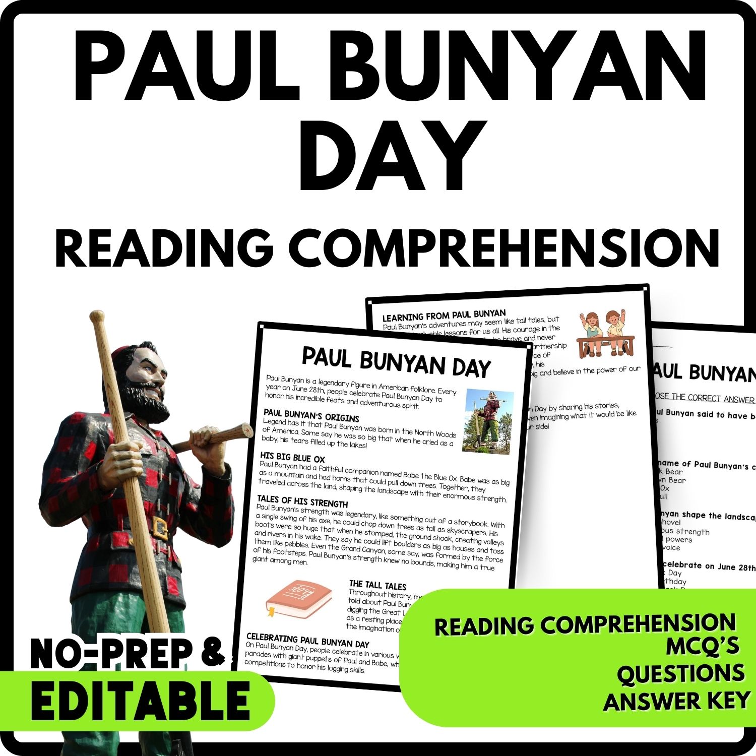 Paul Bunyan Day Reading Comprehension Worksheet-Printable and Editable