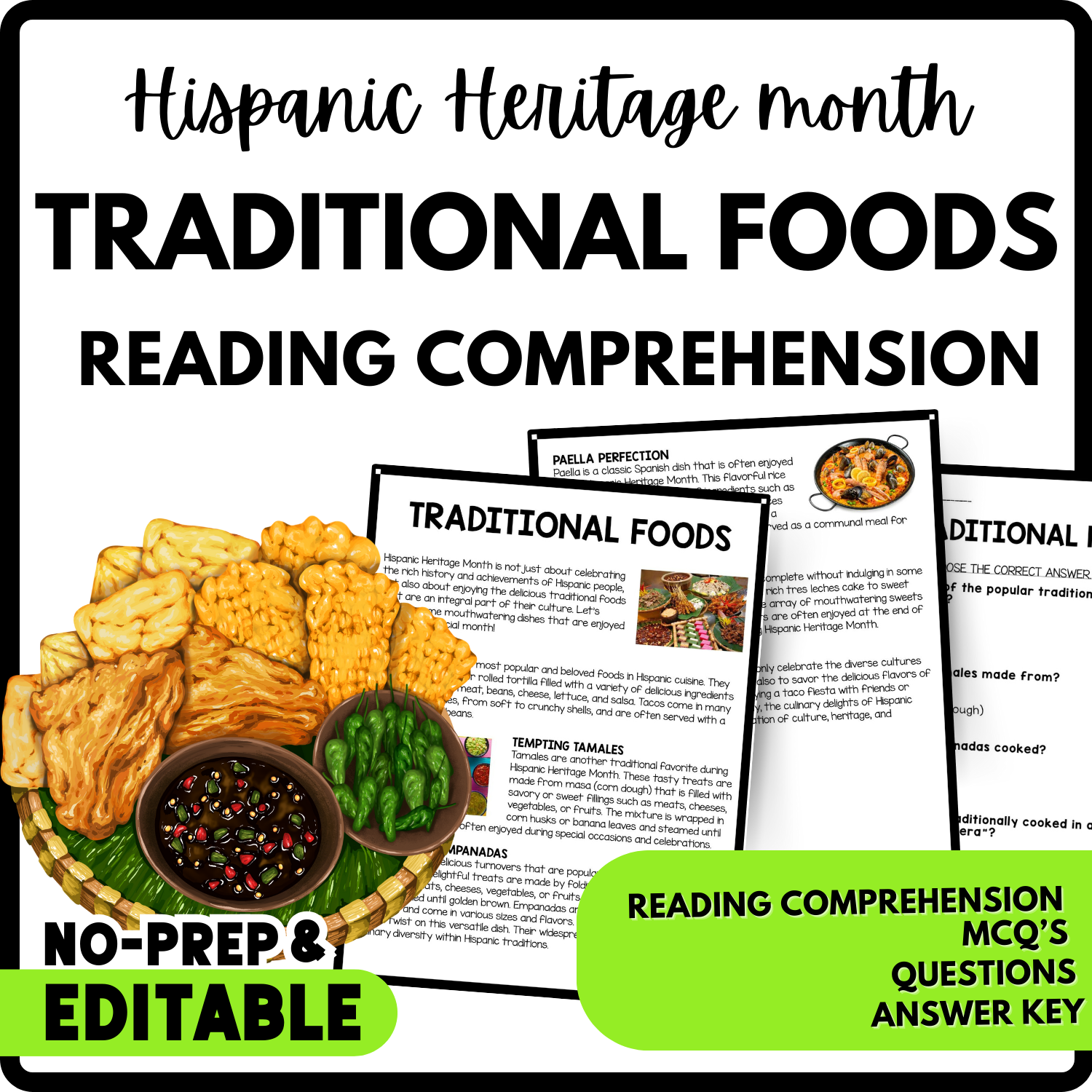 Women's History Month Traditional Foods Reading Comprehension Worksheet-Printable and Editable