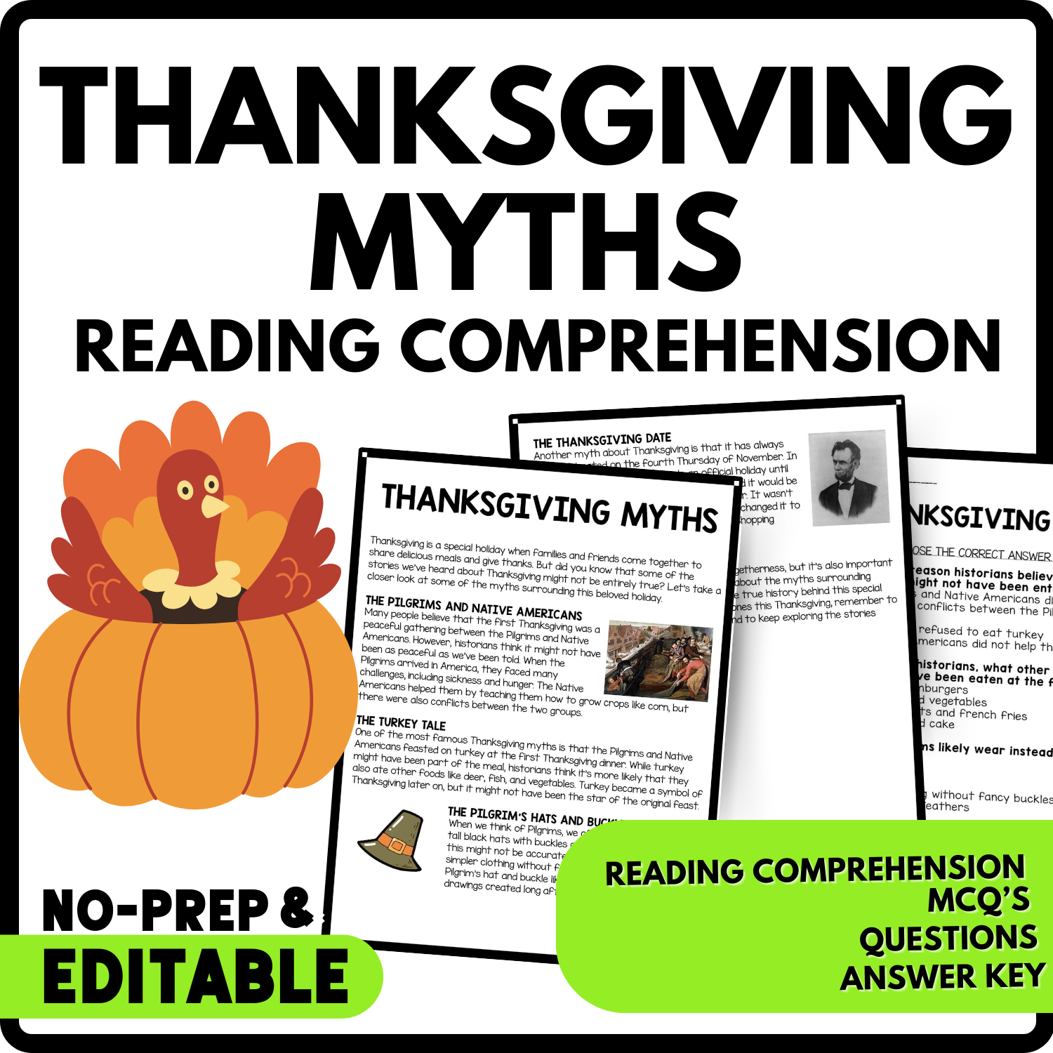 Thanksgiving Myths Reading Comprehension Worksheet-Printable and Editable