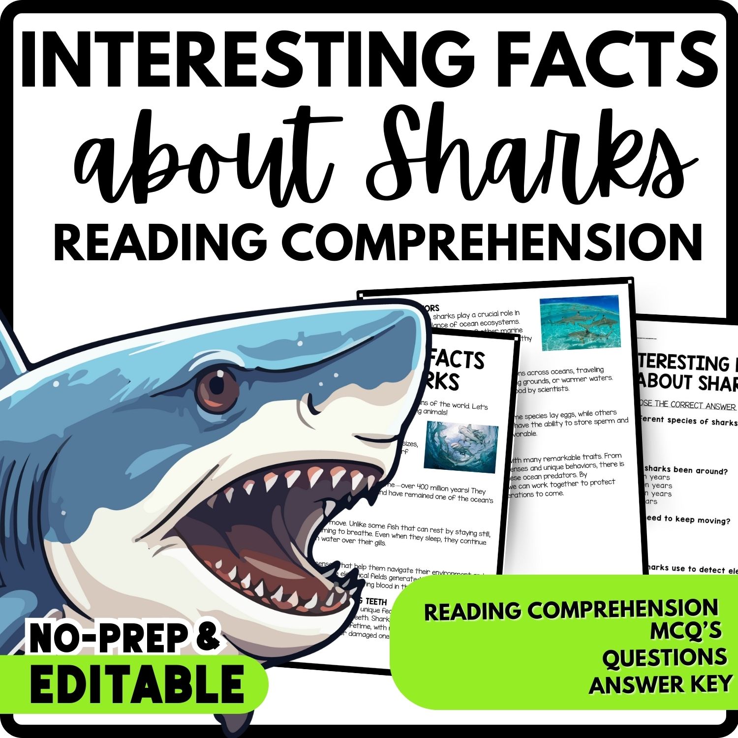 Interesting Facts About Sharks Reading Comprehension Worksheet-Printable and Editable