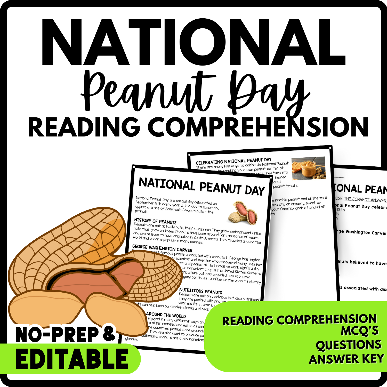 National Peanut Day Reading Comprehension Worksheet-Printable and Editable