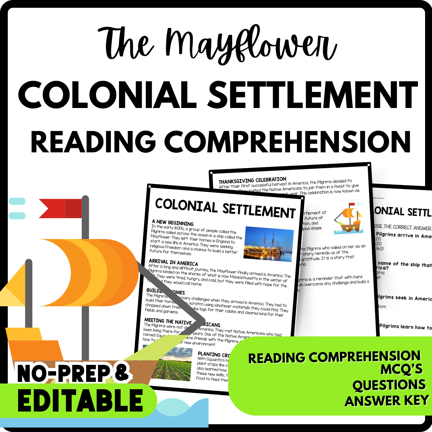 Colonial Settlement Reading Comprehension Worksheet-Printable and Editable