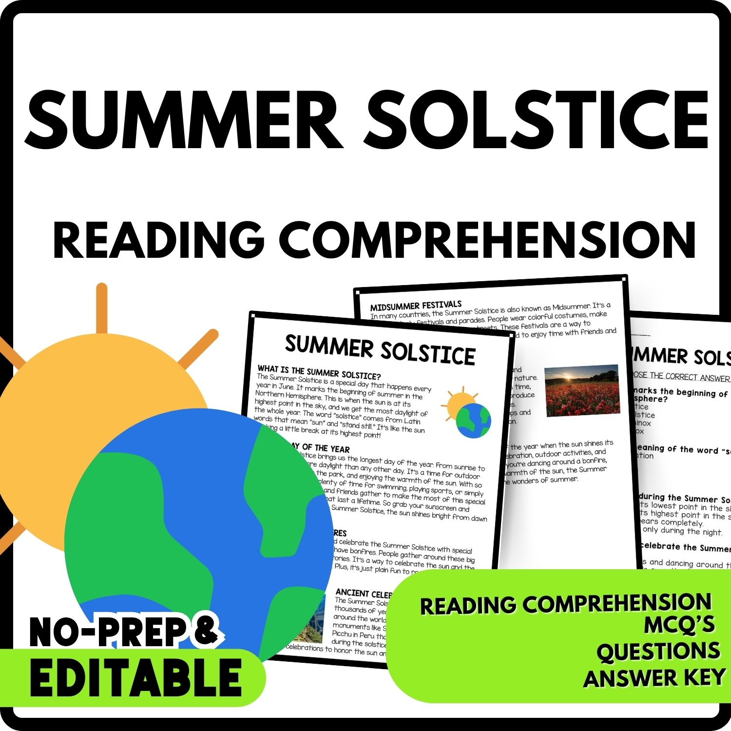 Summer Solstice Reading Comprehension Worksheet-Printable and Editable