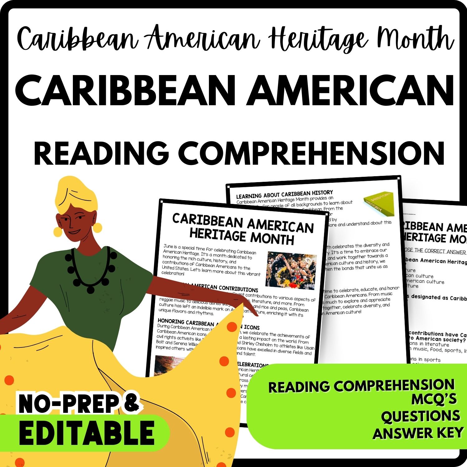 Caribbean American Heritage Month Reading Comprehension Worksheet-Printable and Editable