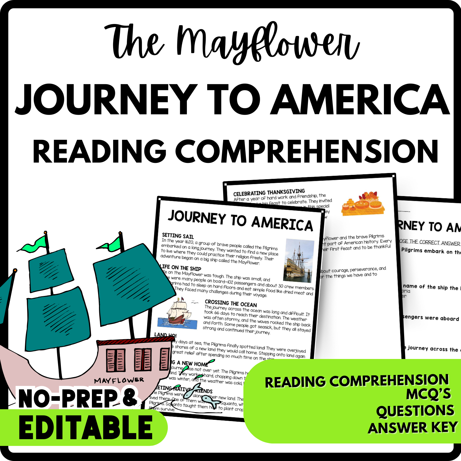 Journey to America Reading Comprehension Worksheet-Printable and Editable