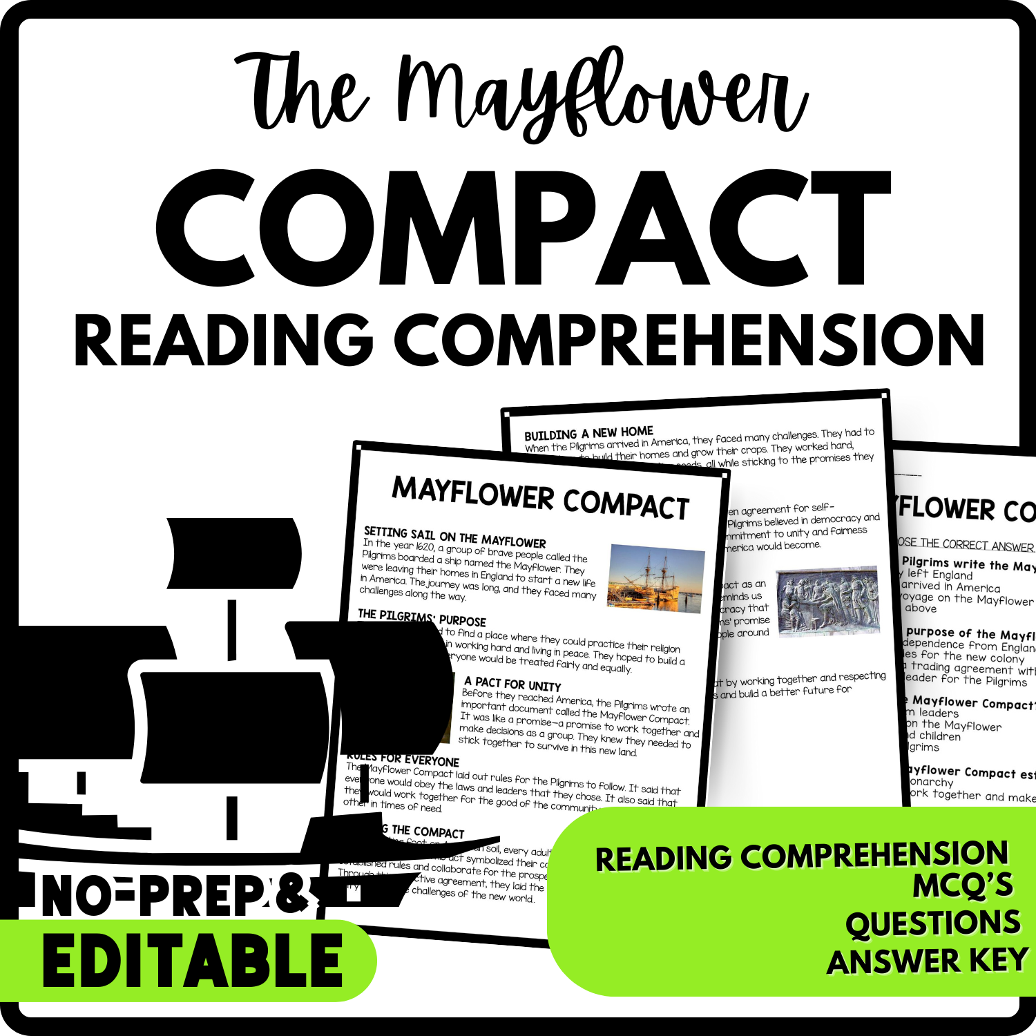 Mayflower Compact Reading Comprehension Worksheet-Printable and Editable