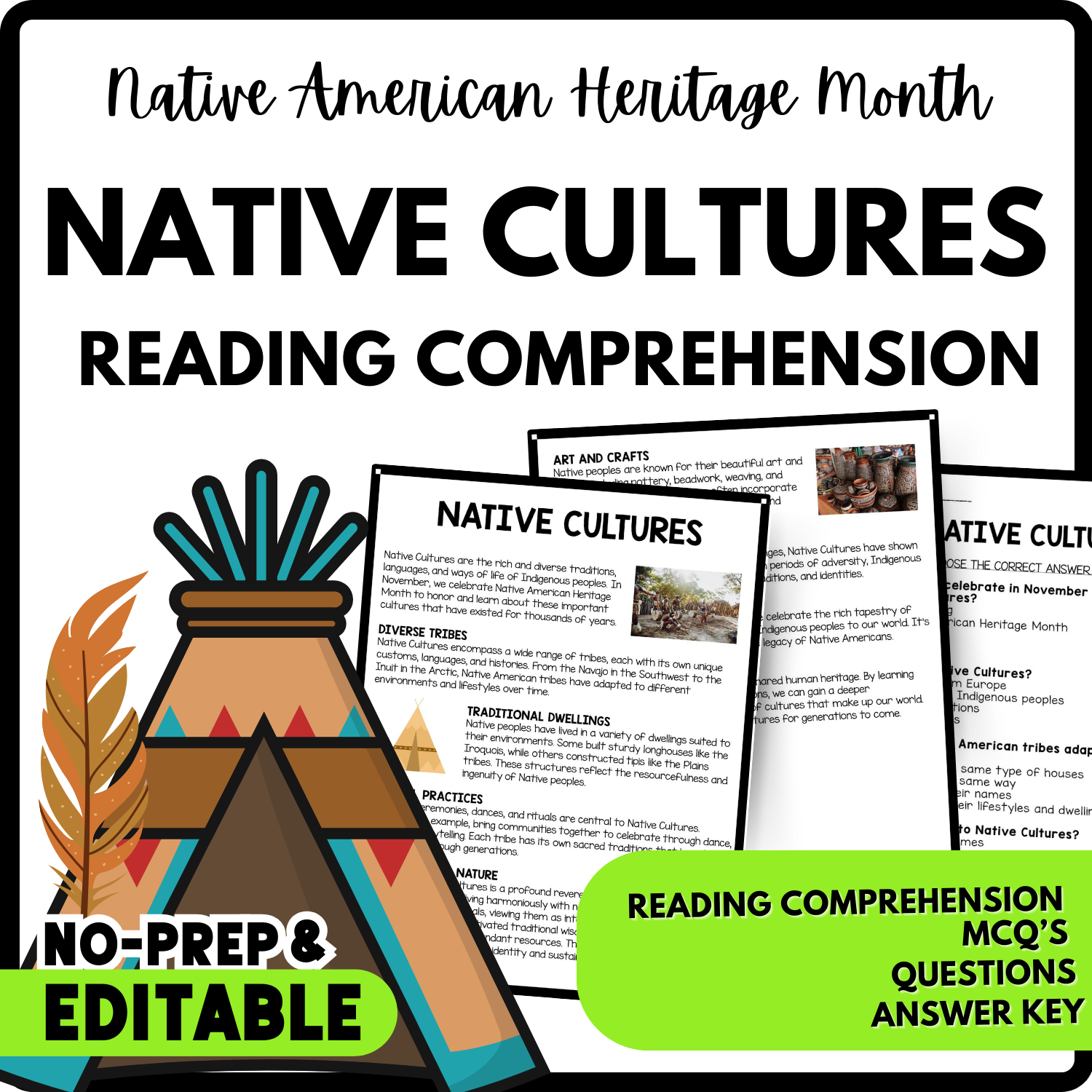 Native Cultures Reading Comprehension Worksheet-Printable and Editable