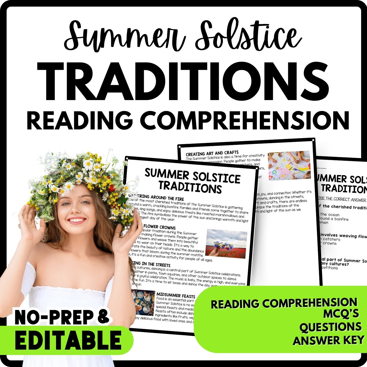 Summer Solstice Traditions Reading Comprehension Worksheet-Printable and Editable