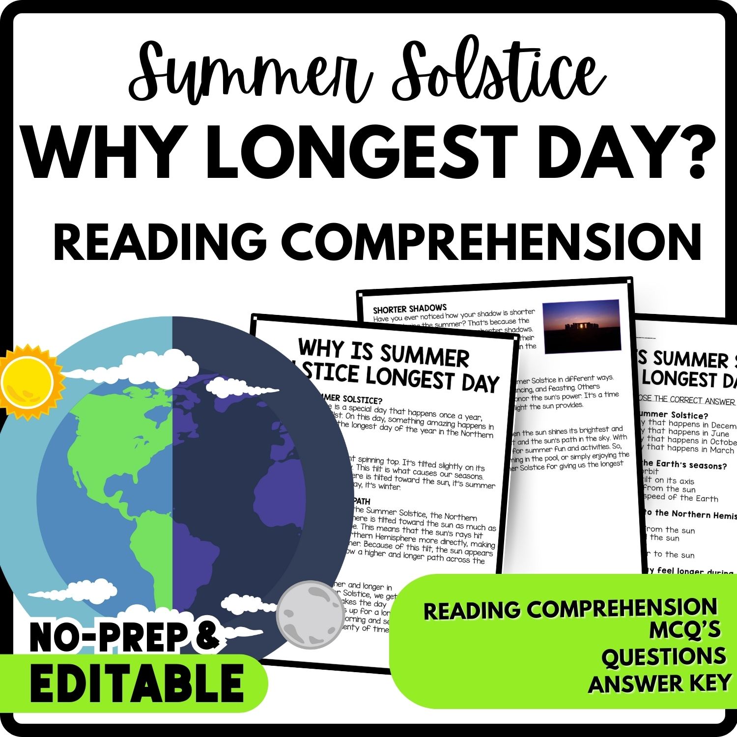 Why Is Summer Solstice Longest Day? Reading Comprehension Worksheet-Printable and Editable